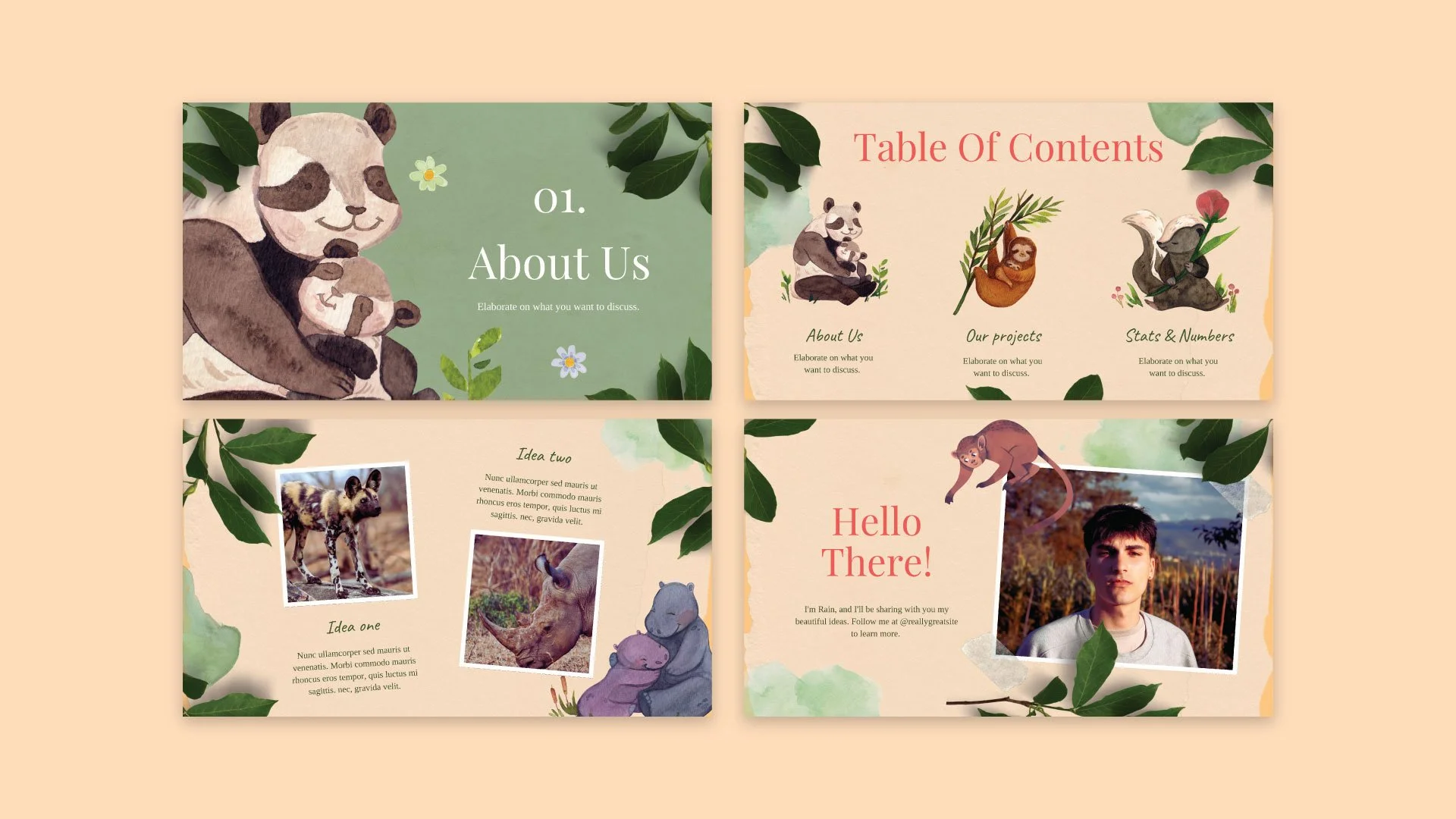 Mockup page of the Wild Life newsletter displaying the "About Us" section, table of contents, and a friendly greeting page.