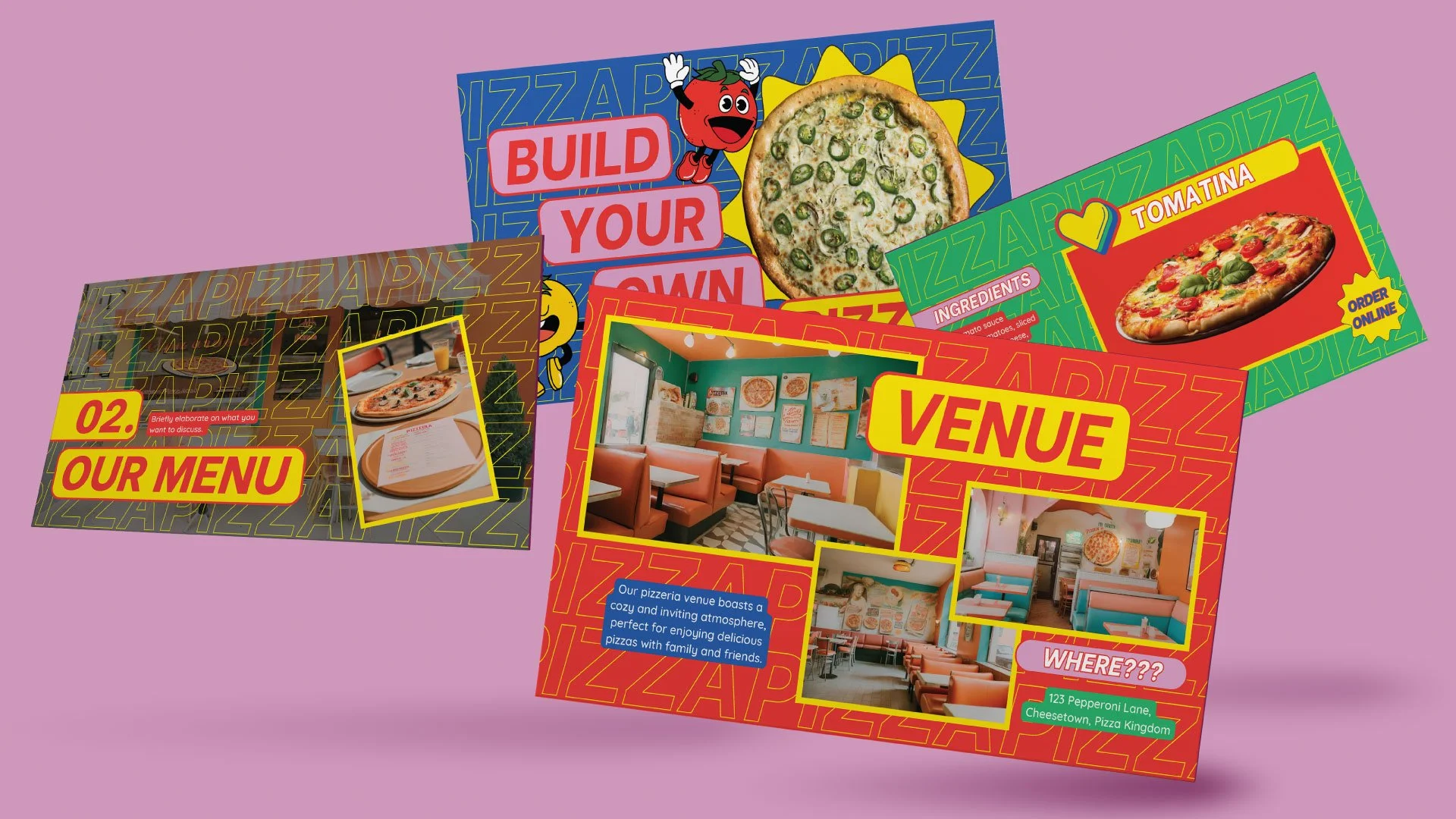 Mockup of Pizzeria Digital Menu Board showing the main menu, Tomatina pizza page, and build-your-own options, designed with a colorful, maximalist style by Quirk Design Studio.