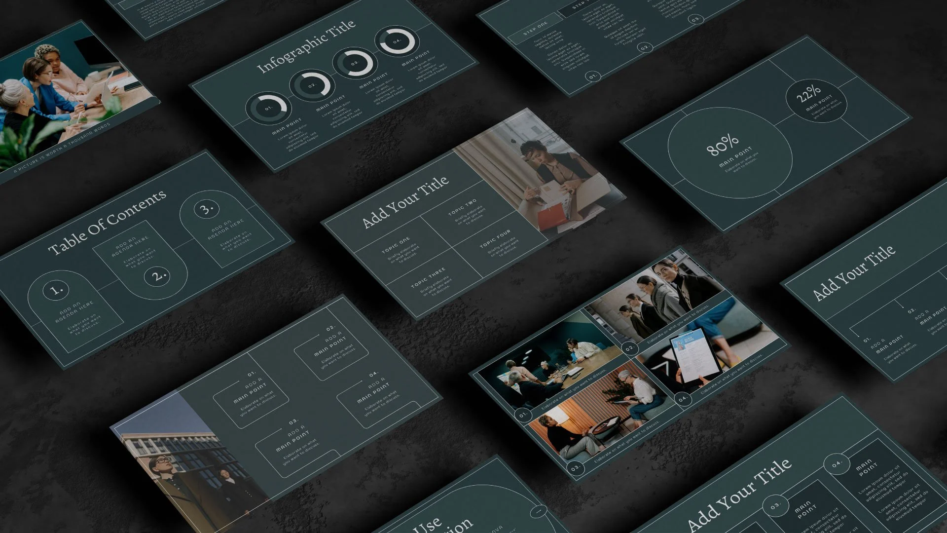 Strategic Product Roadmap presentation mockup featuring Pie Chart, Table of Contents, Infographic, and Statistics pages in a minimal monochromatic style by Quirk Design Studio