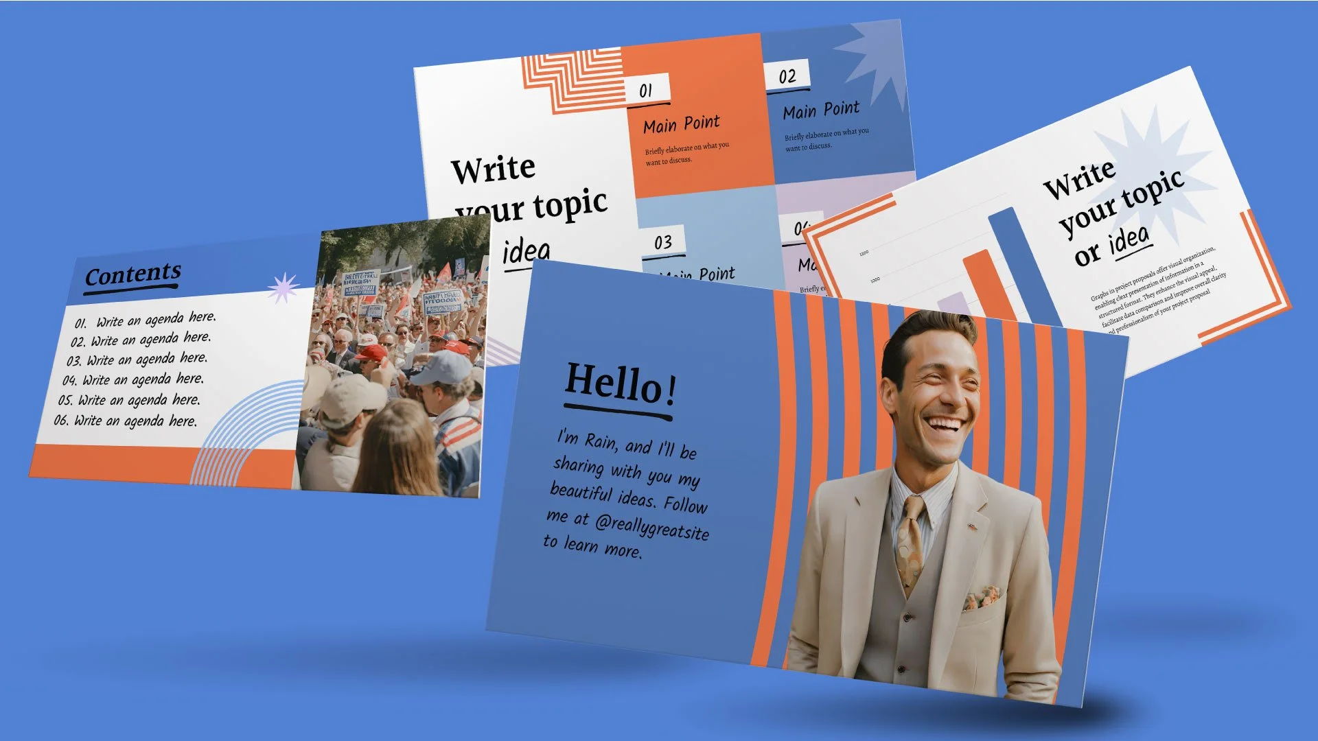 Public Policies Information presentation mockup featuring Contents, Introduction, and Statistics pages with playful geometric design by Quirk Design Studio