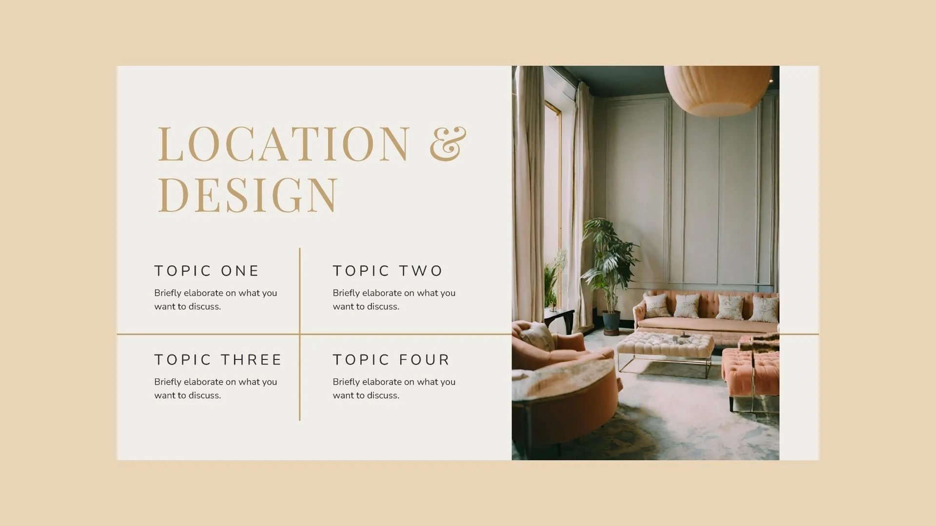 Location and Design page from the Boutique Hotel Pitch Deck, showcasing a refined, gold-accented layout by Quirk Design Studio for Canva