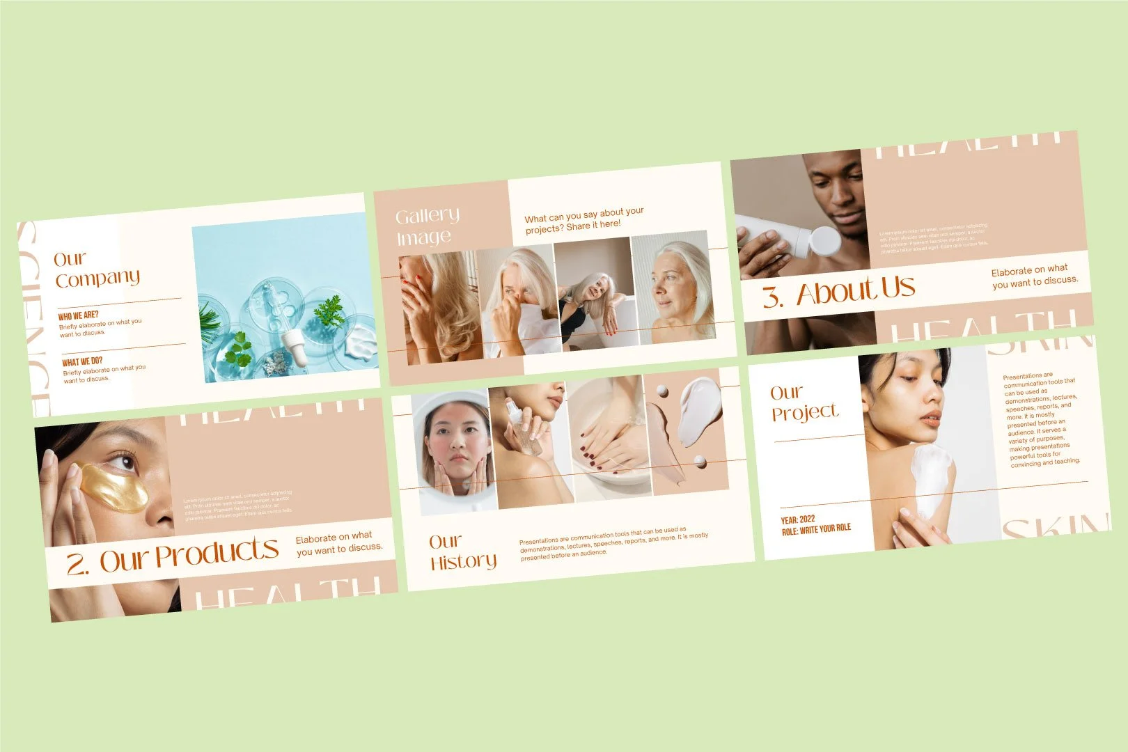 Anti-Aging Skincare presentation mockup featuring About Us, Our Company, and Gallery sections, designed by Quirk Design Studio