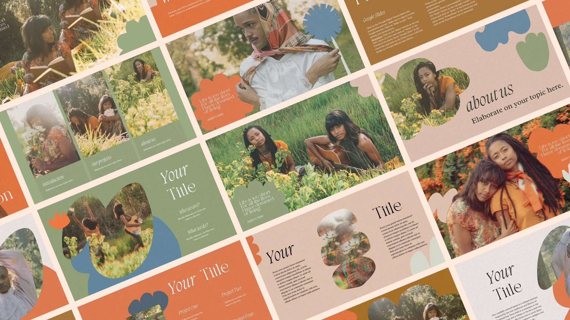 Grid mockup showcasing various creative pages from the World Poetry Day presentation, designed in an elegant pastel Matisse style by Quirk Studio