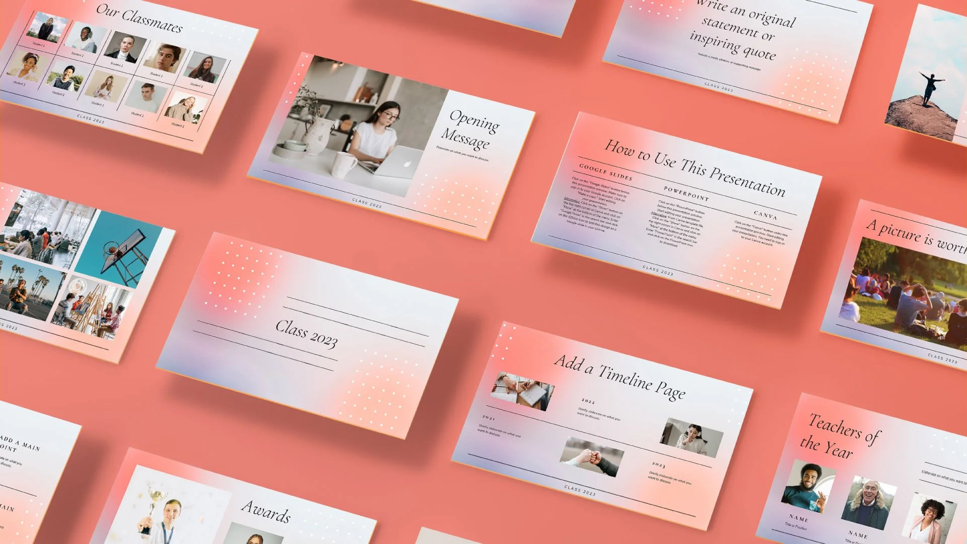 Mockup page from the Classic Minimal Yearbook presentation showcasing the Opening Message, Section Divider, Timeline, Teacher of the Year, Awards, and Classmates pages with a clean, minimal gradient style