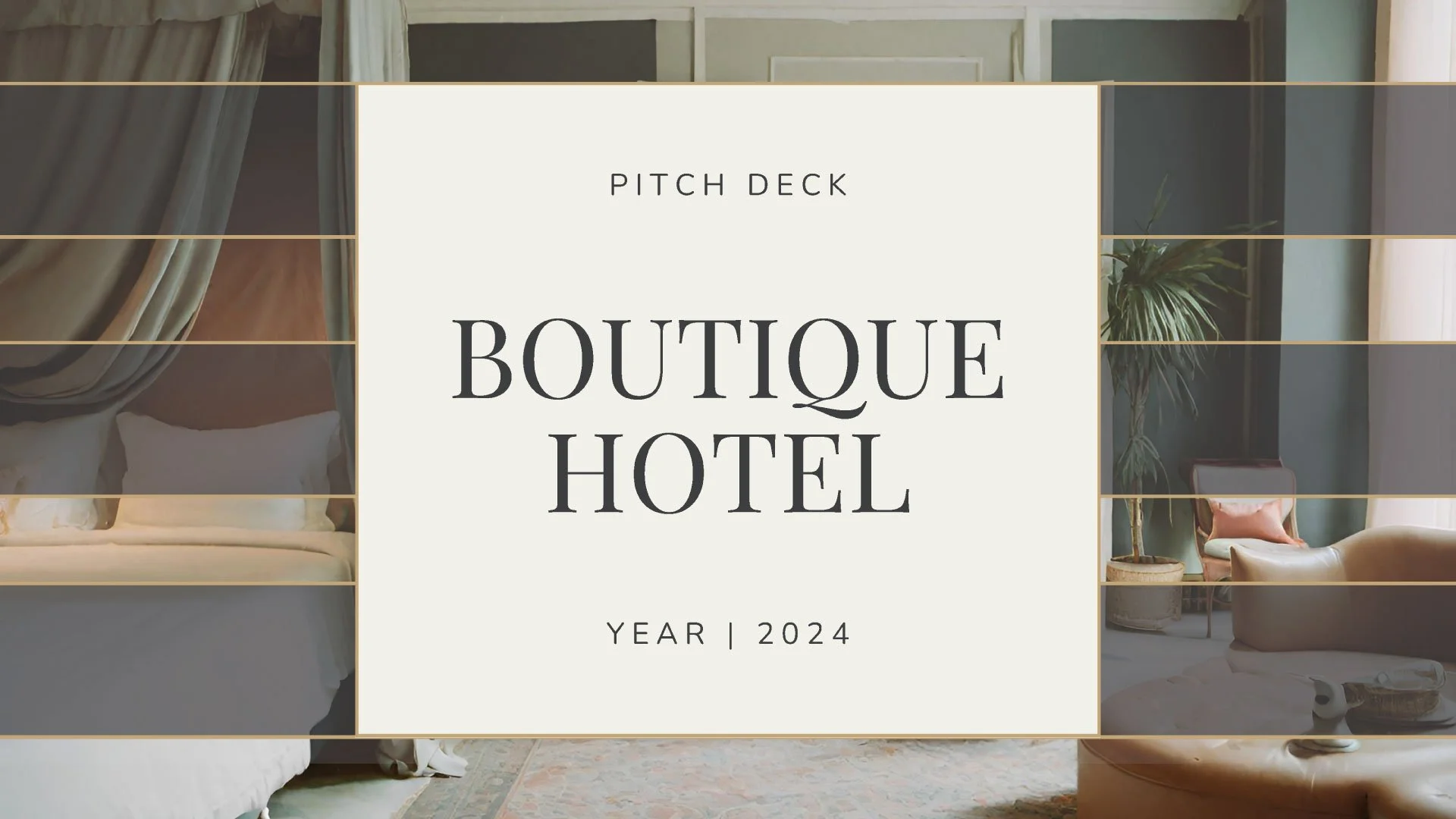 Cover page of the Boutique Hotel Pitch Deck, a luxurious presentation in gold tones, designed by Quirk Design Studio for Canva