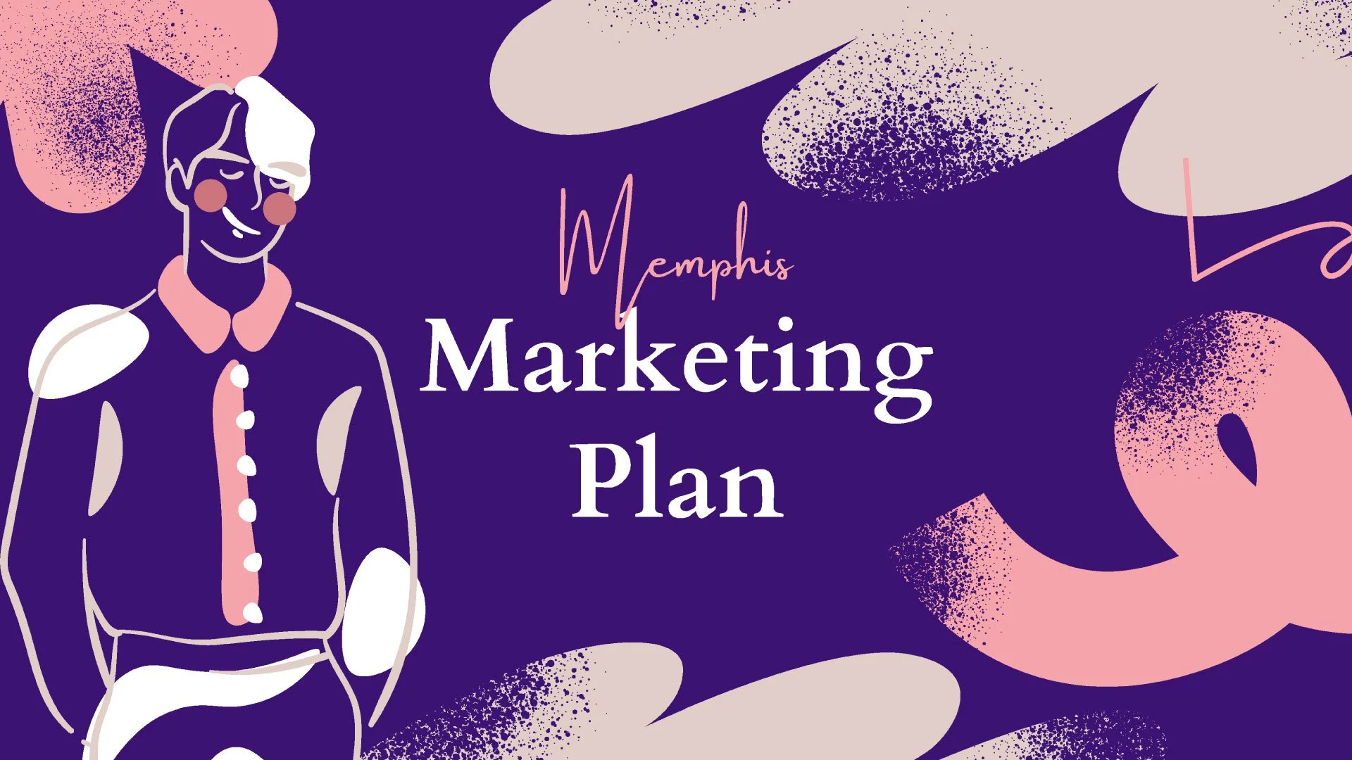 Cover page of the Memphis Marketing Plan presentation, featuring bold, creative illustrations of people in a vibrant, illustrative style by Quirk Studio for Canva.