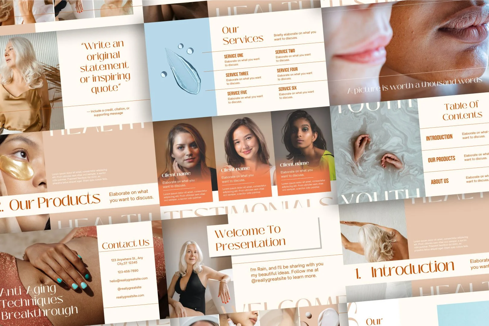 Anti-Aging Skincare presentation mockup showing Our Services, Our Products, Testimonials, and Table of Contents, crafted by Quirk Design Studio