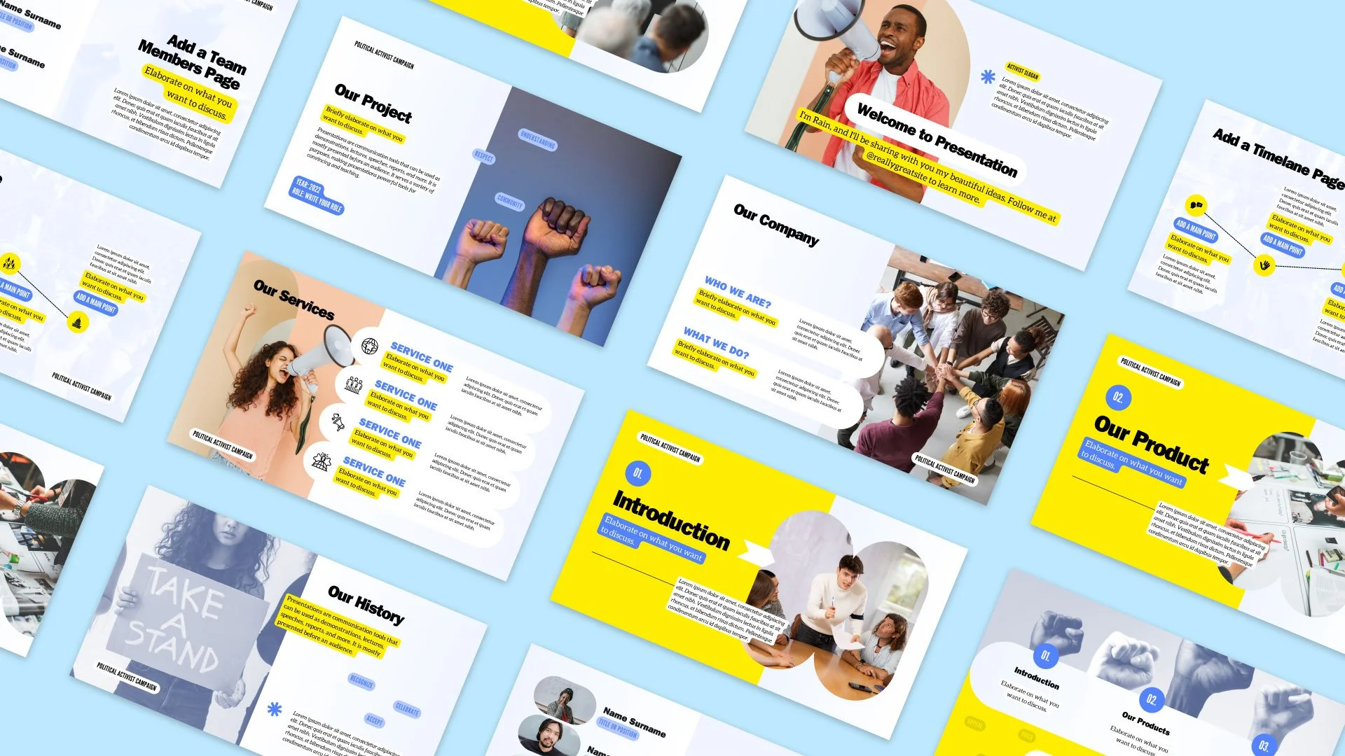 Political Activist Campaign presentation mockup featuring Our Services, Introduction, Our Projects, Our History, and Welcome pages, designed by Quirk Design Studio