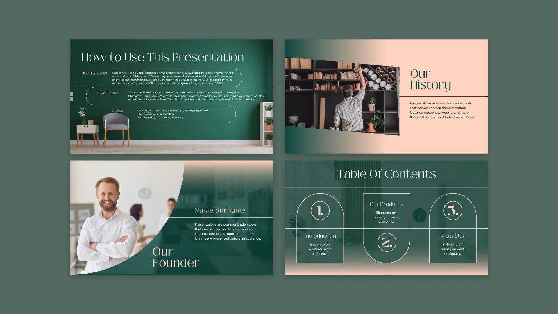 Mockup page of the Modern Apartment for Sale presentation featuring the Our Founder page, Our History page, and Table of Contents page in an elegant layout