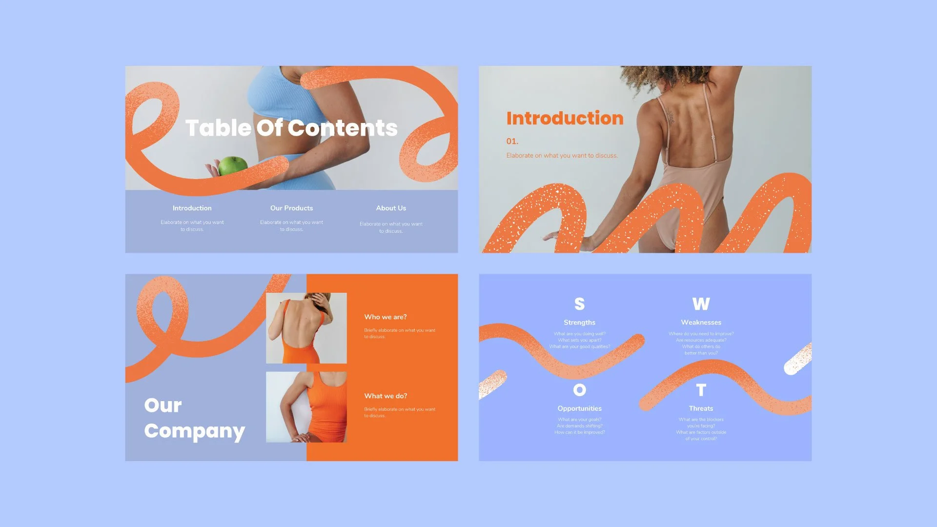 E-commerce Clothing presentation mockup with 4 pages, featuring Content Introduction, Our Company, and SWOT sections, designed by Quirk Design Studio