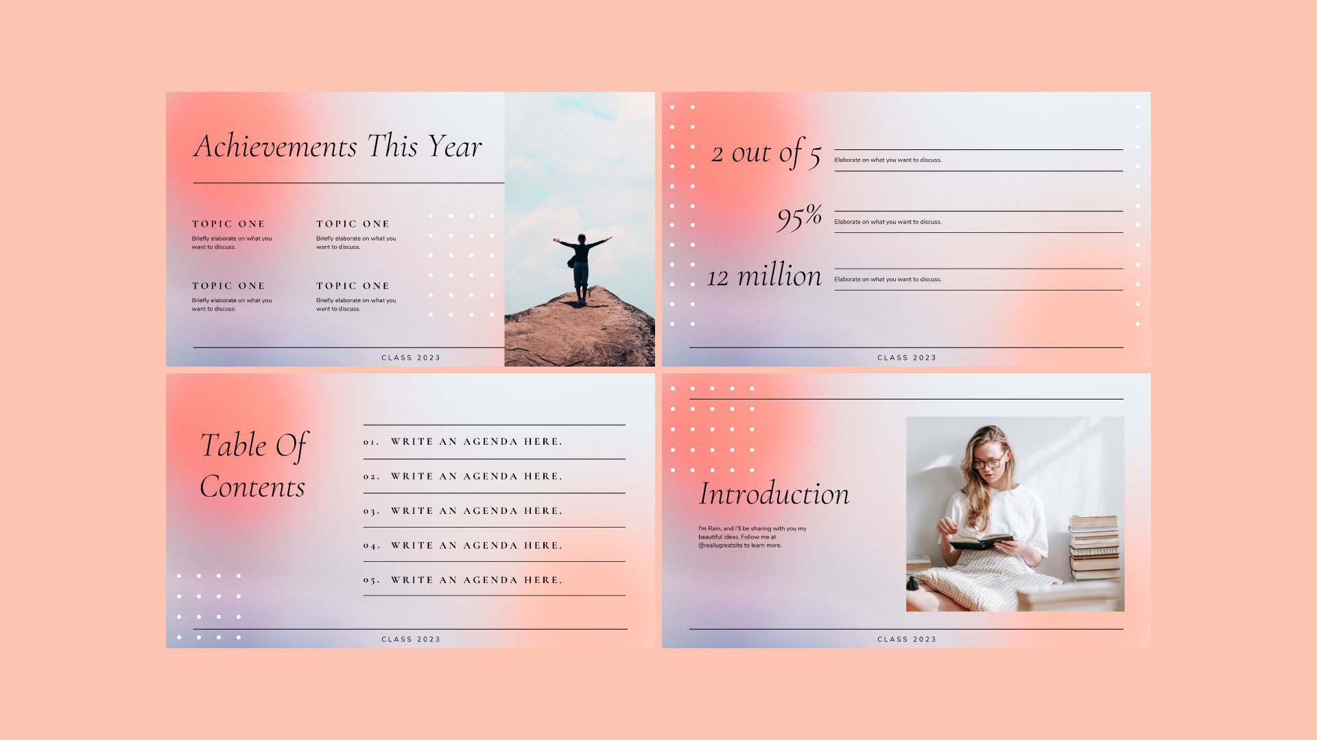 Mockup page from the Classic Minimal Yearbook presentation displaying the Achievements, Statistics, Table of Contents, and Introduction pages in a refined, modern gradient design