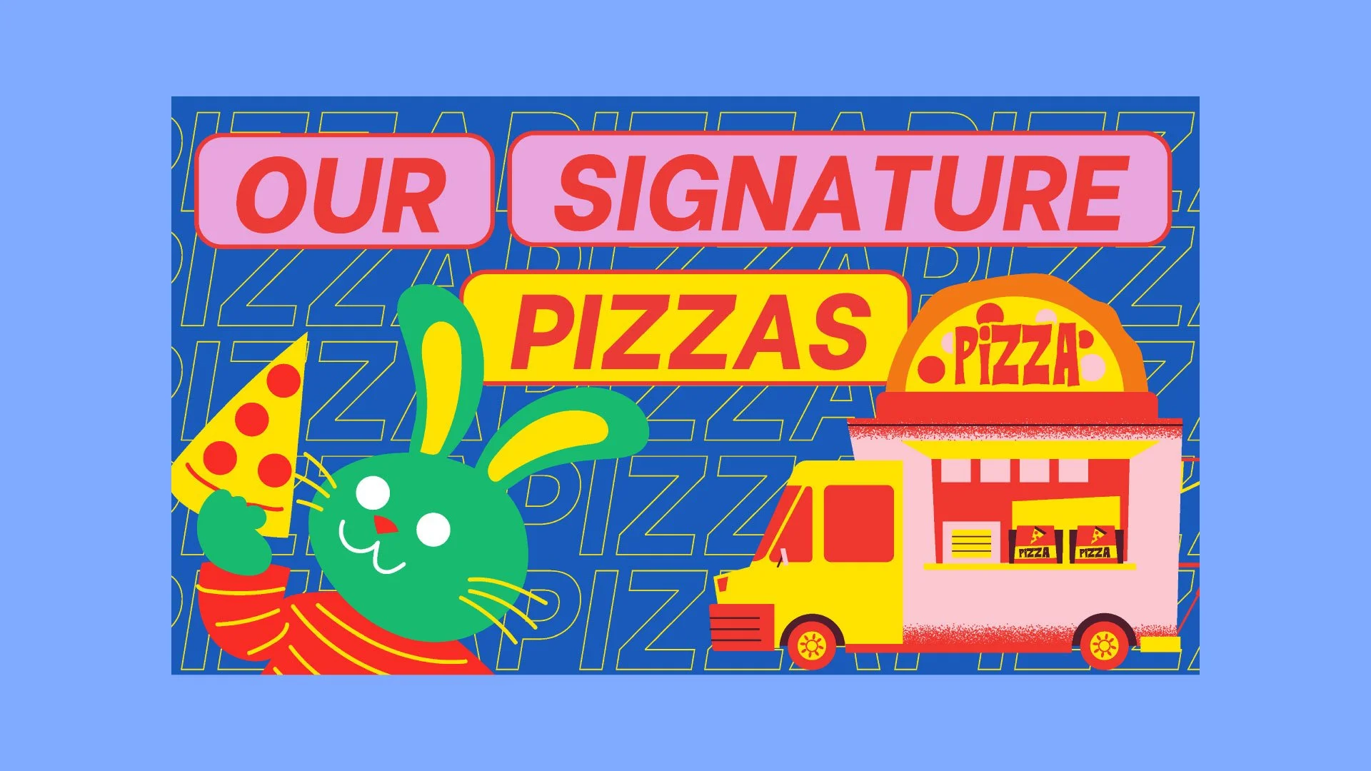 Signature pizzas page of the Pizzeria Digital Menu Board presentation, featuring a fun bunny holding a pizza, a quirky illustration by Quirk Design Studio.