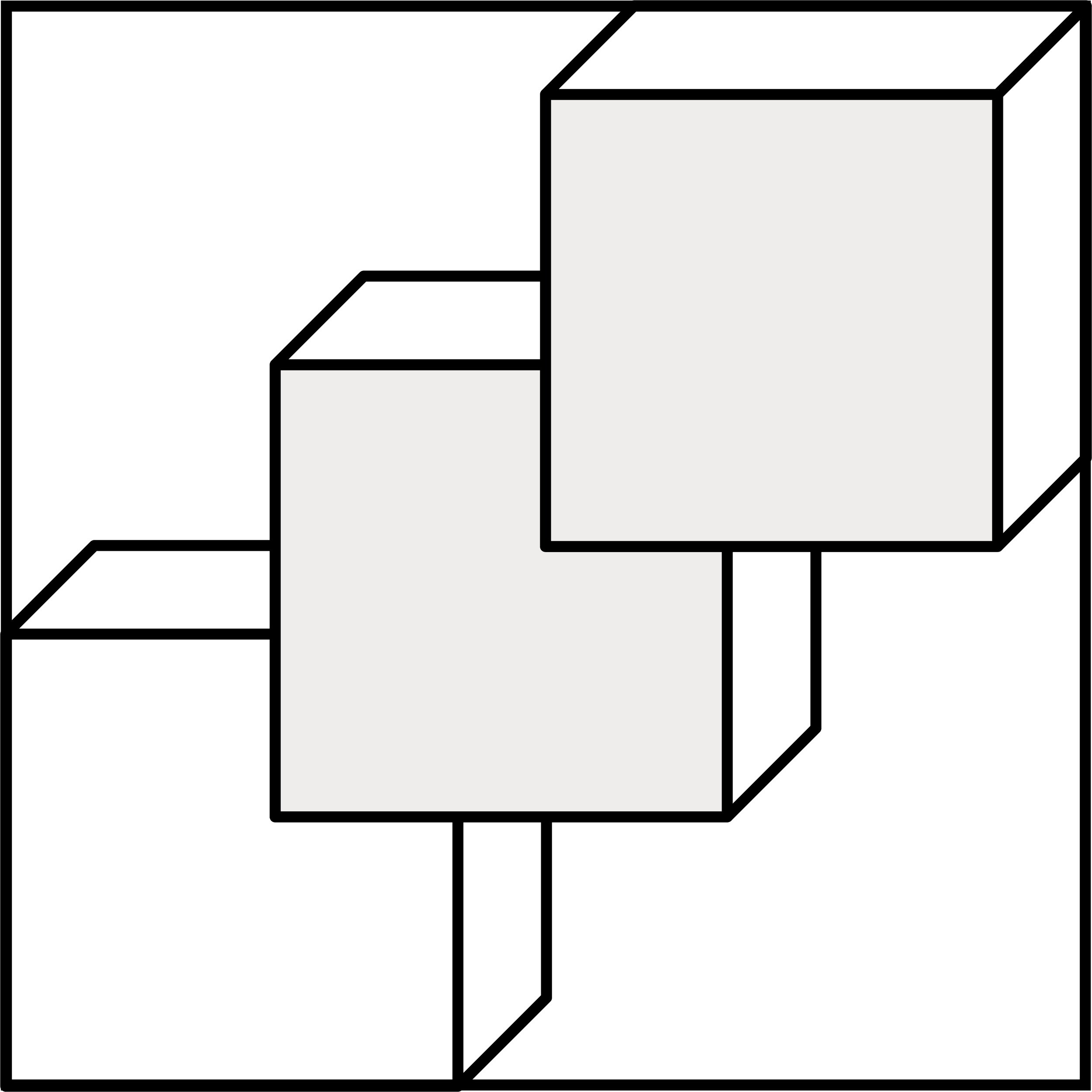 Geometric drawing of an outline square with sections divided by vertical, horizontal, and diagonal lines.