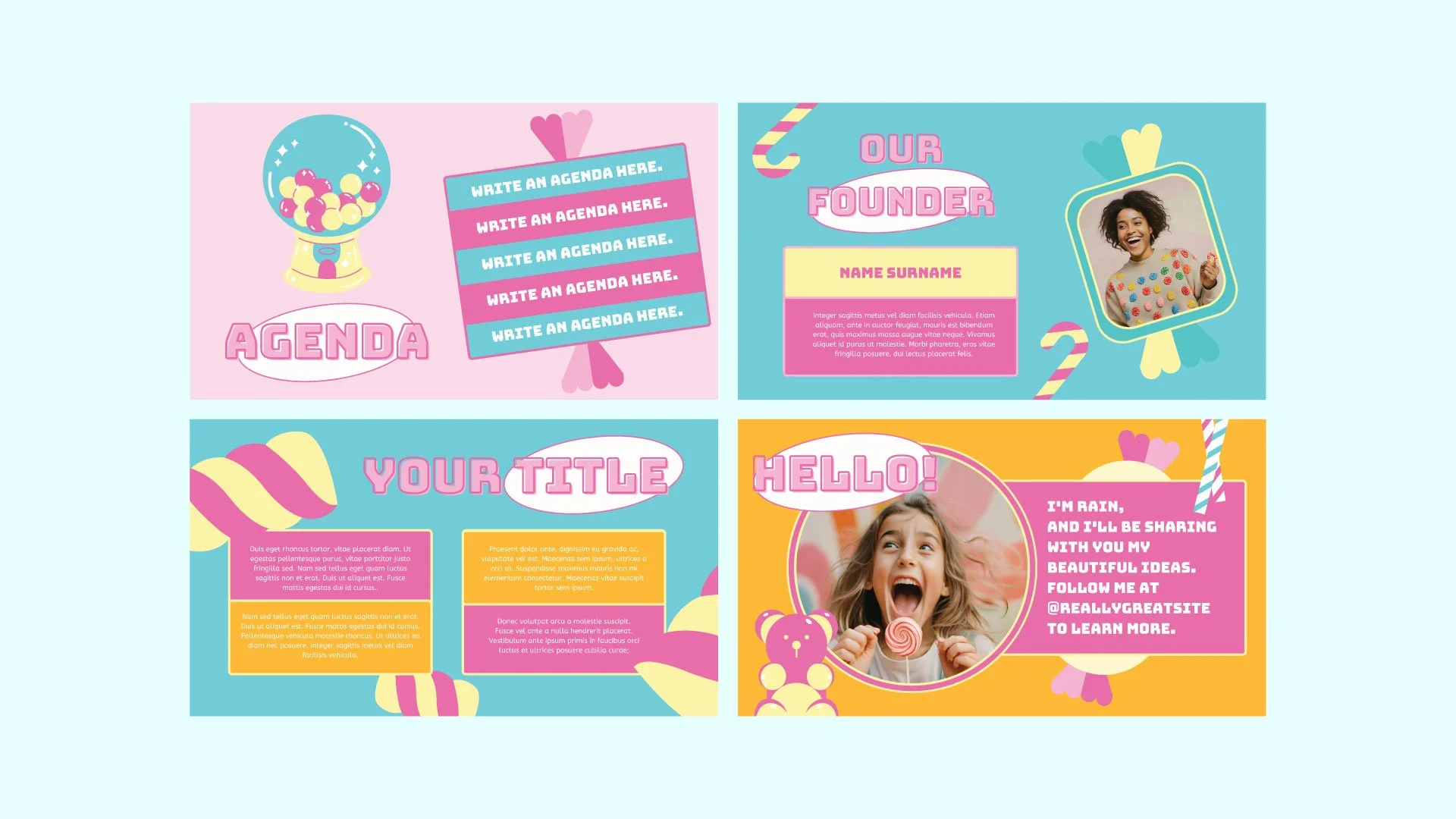 Mockup page displaying the "Hello" page, agenda page, and "Our Founder" page, featuring vibrant candy-themed illustrations and layouts.