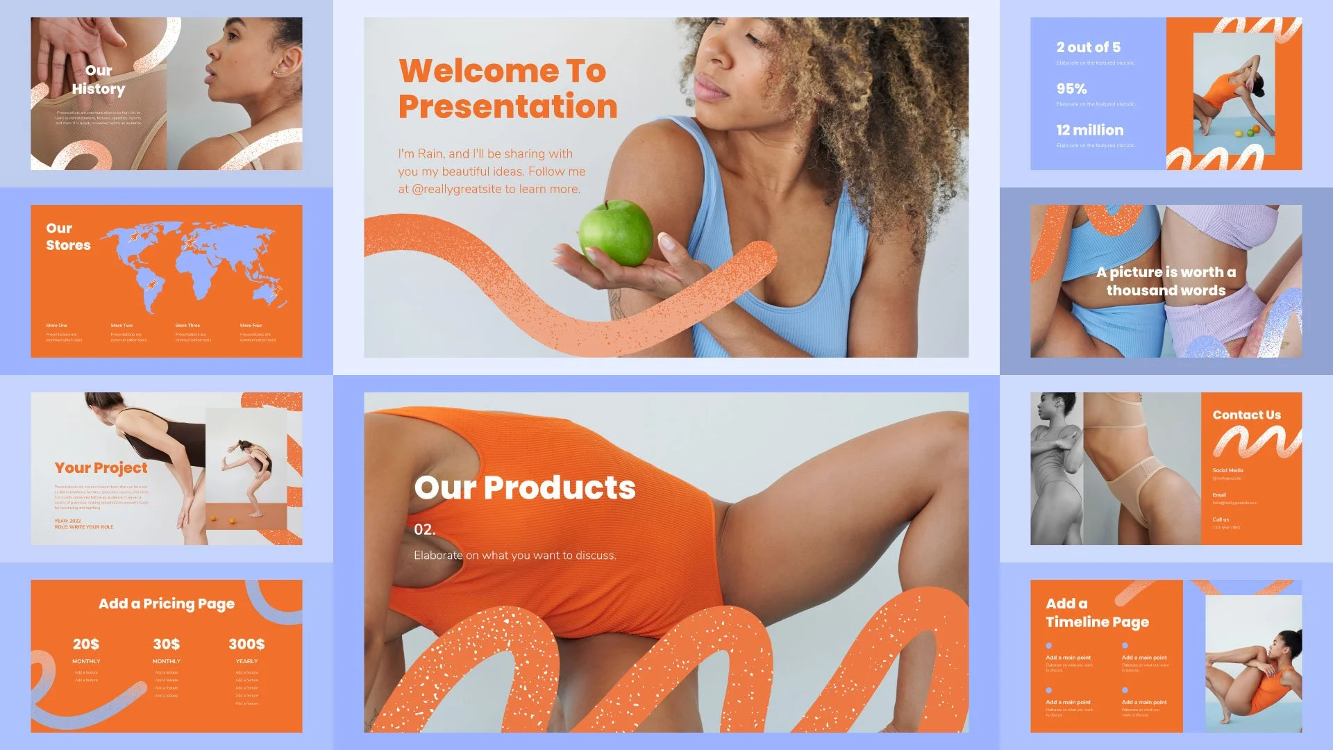 E-commerce Clothing presentation mockup with 10 pages, including Our Products, Our Stores, Pricing, and Timeline, by Quirk Design Studio