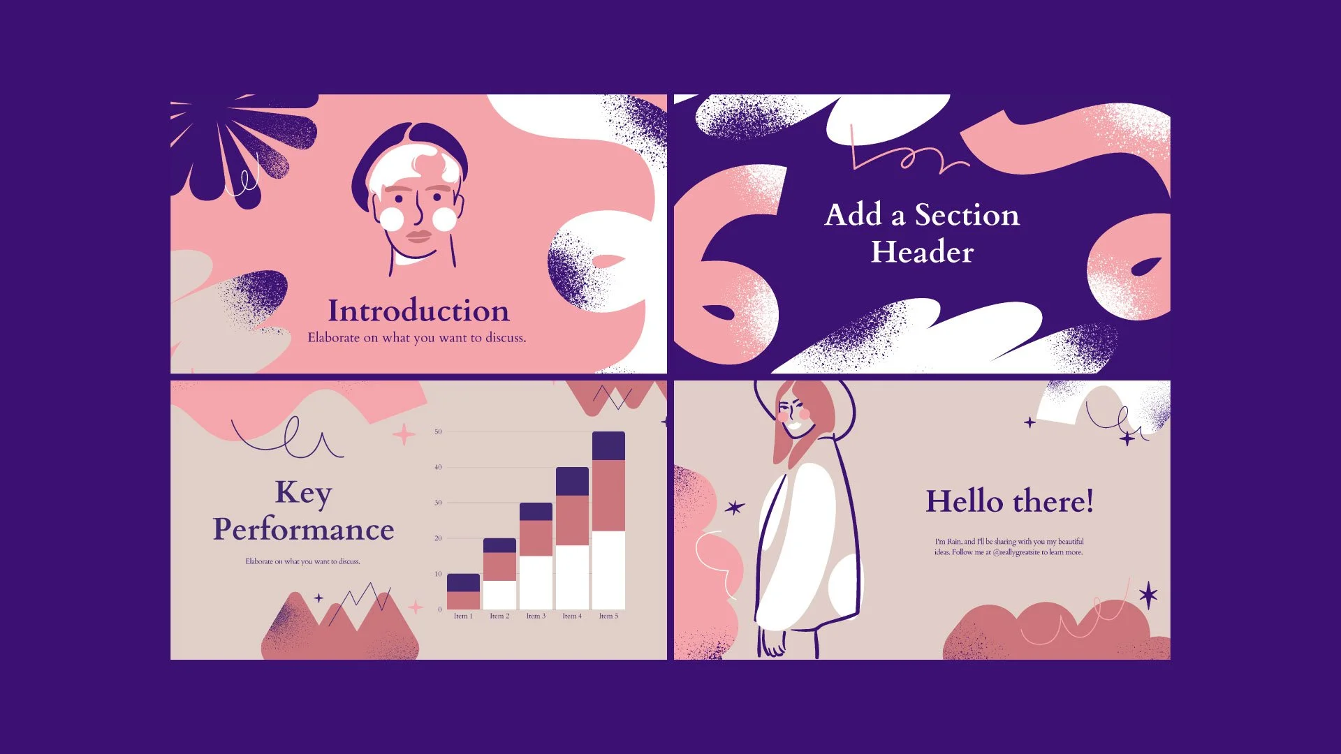 Mockup displaying key performance metrics, an introduction, a 'Hello There' page, and a section header, showcasing the Memphis Marketing Plan’s lively and creative design by Quirk Studio for Canva.