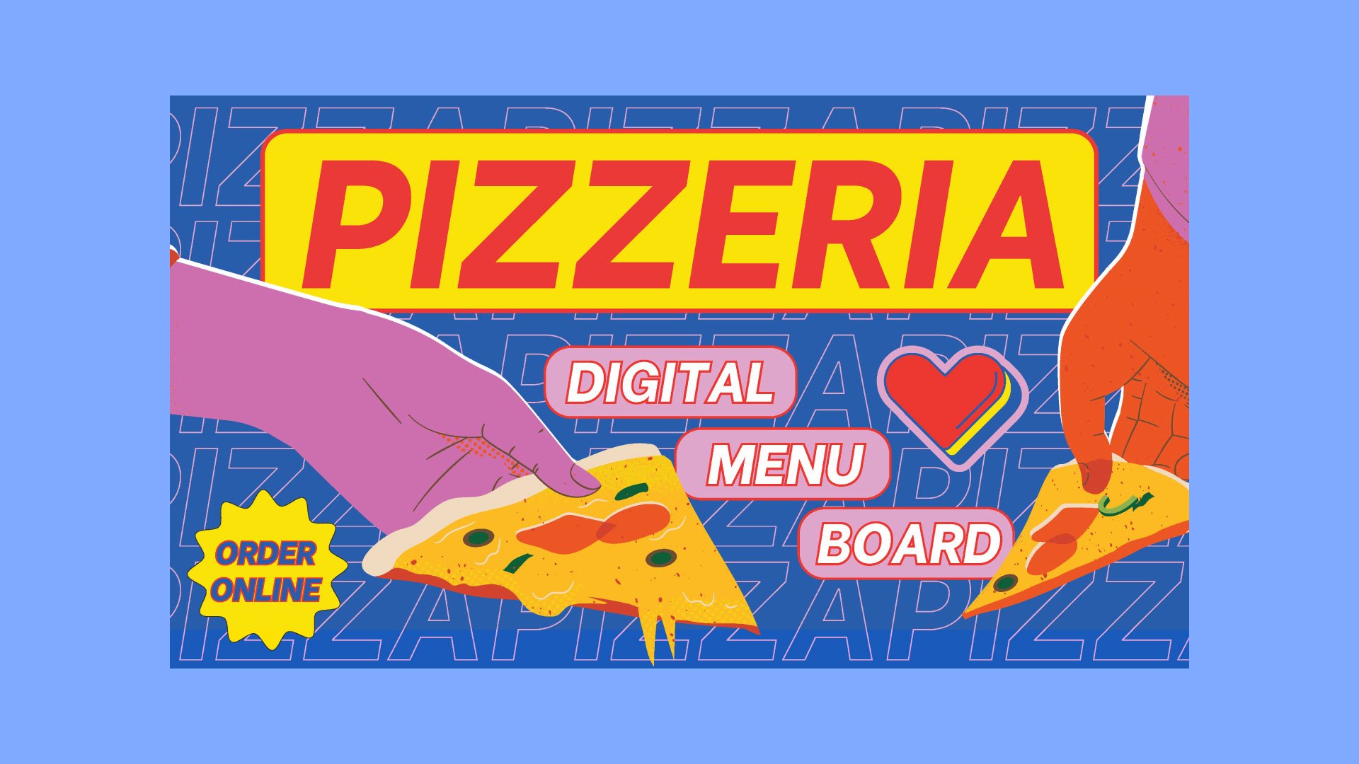 Cover page of the Pizzeria Digital Menu Board presentation, featuring a vibrant pizza slice illustration by Quirk Design Studio.