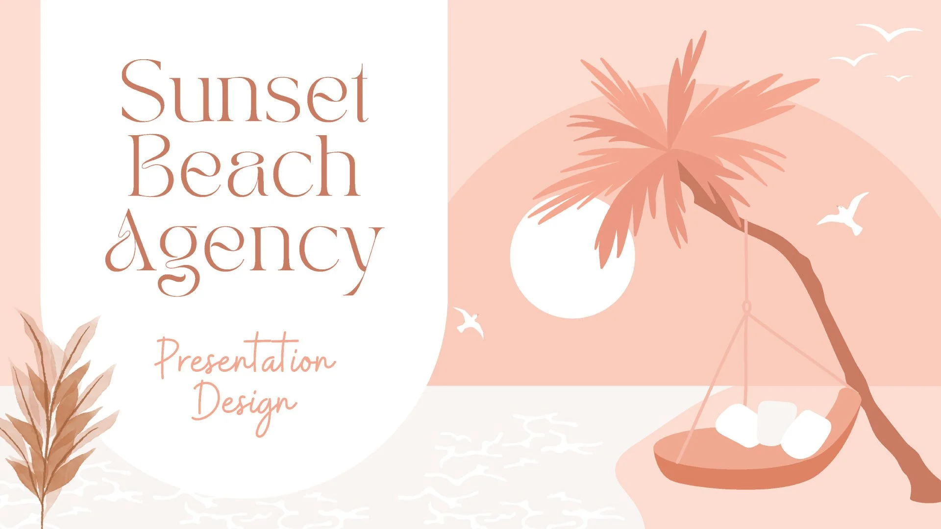Cover page of Sunset Beachy Agency presentation featuring a serene pink ocean illustration, setting a tranquil and inviting tone for the monochromatic beach-inspired design.