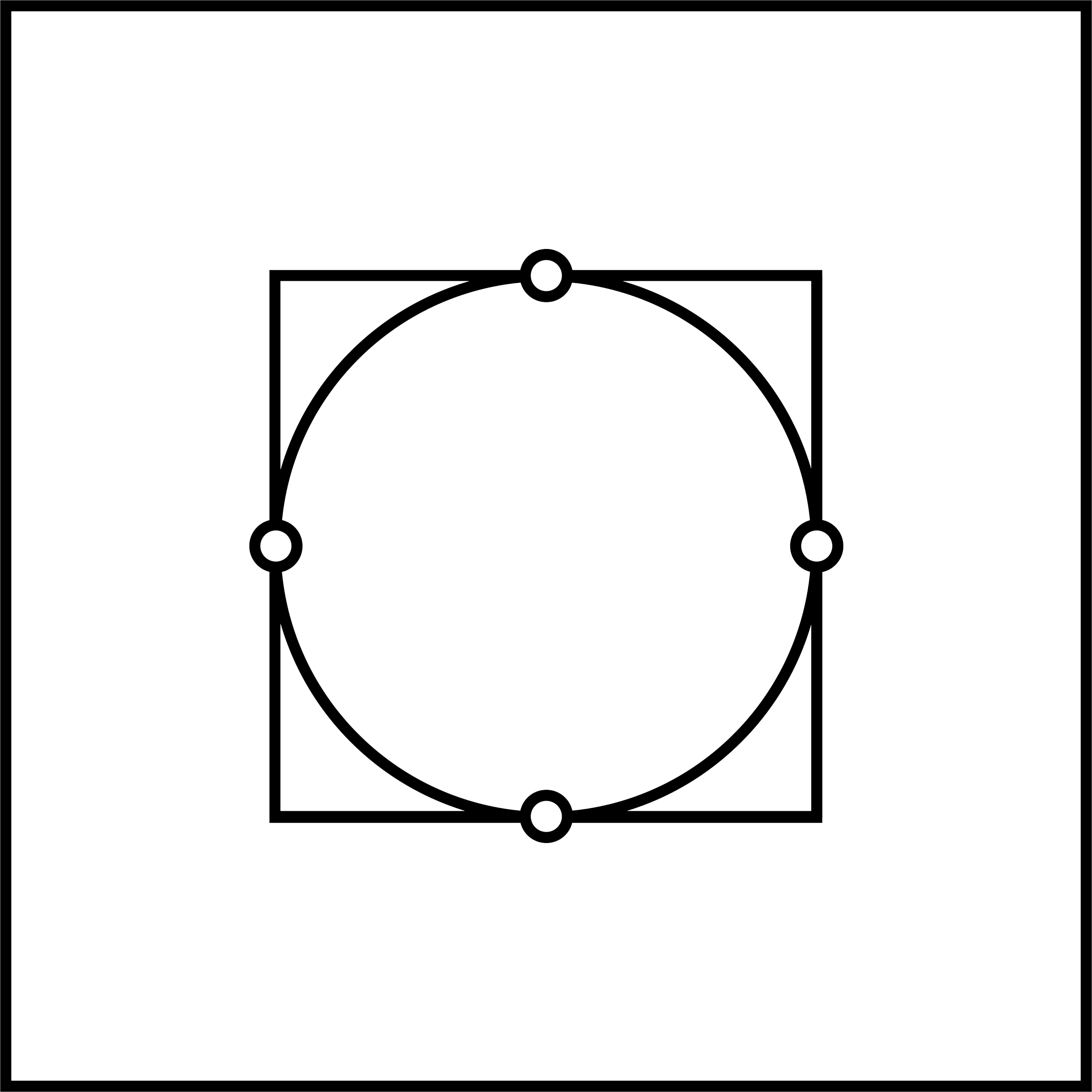 Geometric drawing of an outline square with sections divided by vertical, horizontal, and half circle lines.