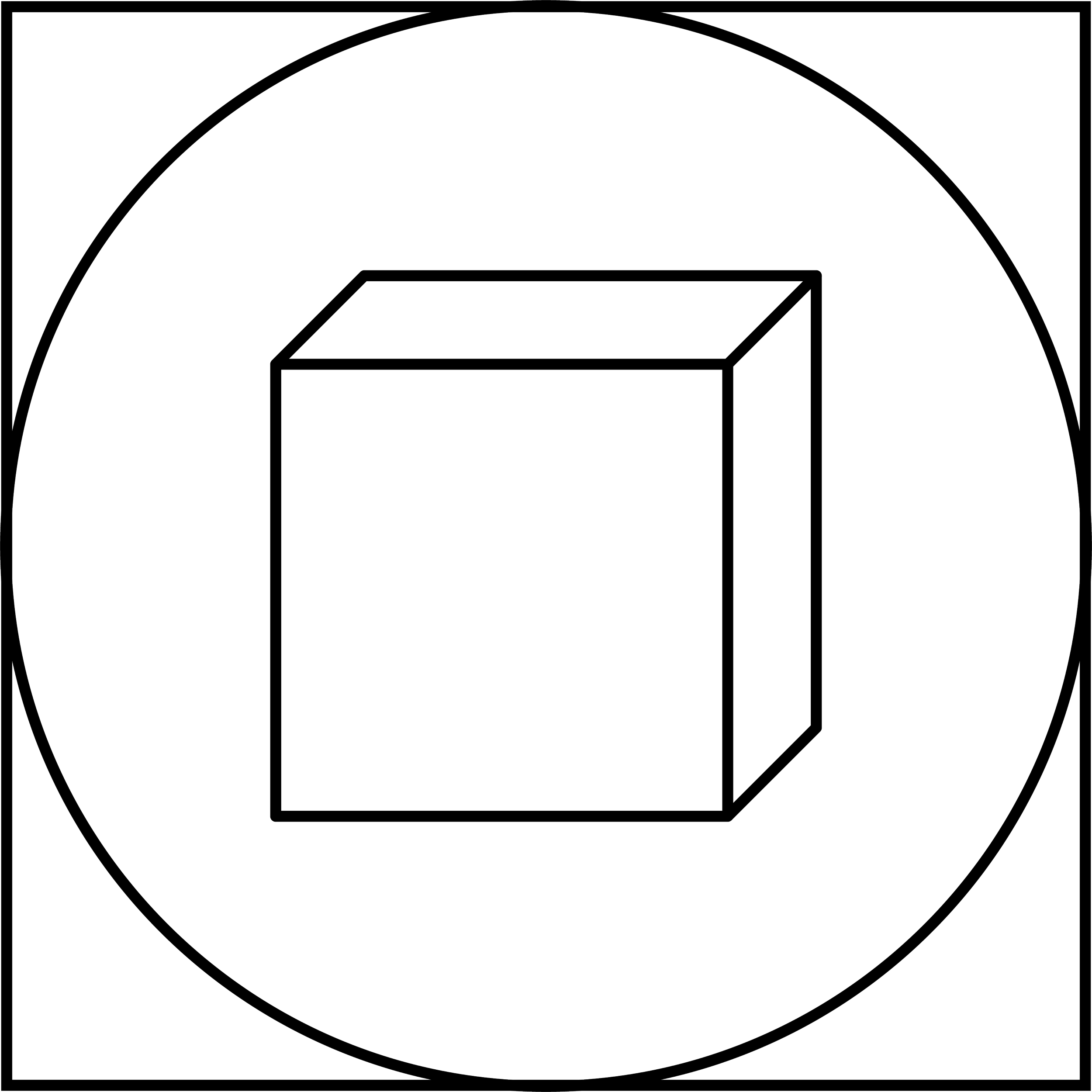 Geometric drawing of an outline square with sections divided by vertical, horizontal, and circle lines.