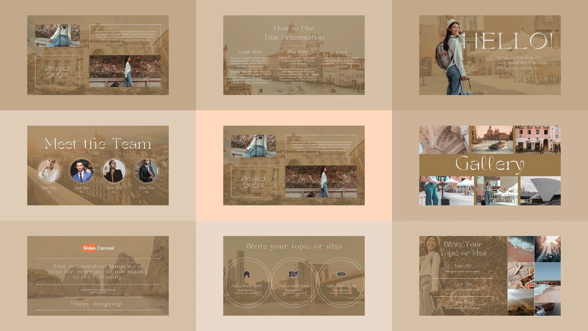 Mockup of the Hospitality and Tourism Presentation featuring the Project Page, Meet the Team Page, Gallery Page, and Introduction Page, all designed with minimal elegance