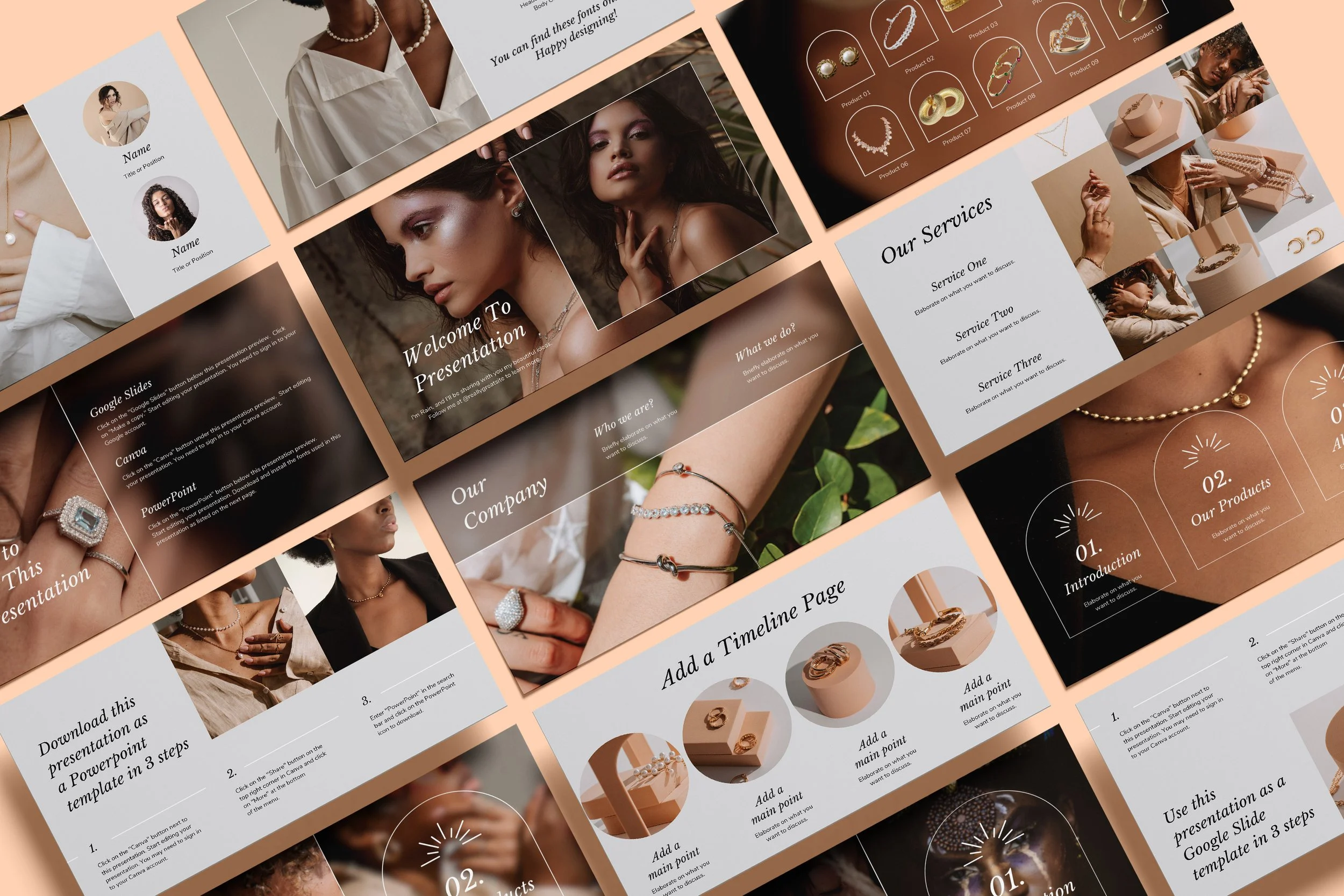 Mockup of the Jewelry Online Shop presentation including the Welcome Page, Our Services Page, Our Company Page, Timeline Page, and Table of Contents, showcasing an elegant photo-centric design
