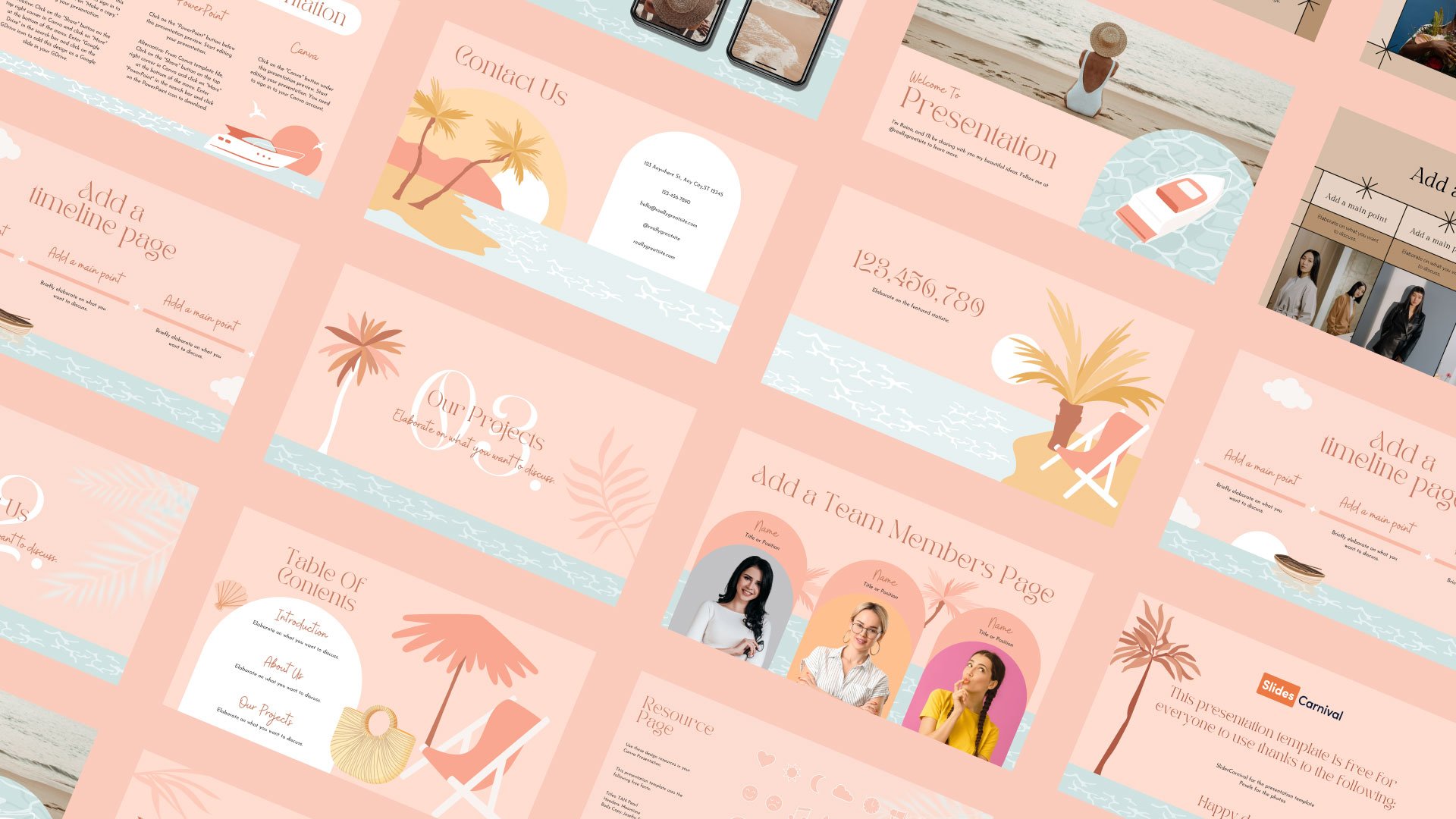Mockup displaying Sunset Beachy Agency's pages for projects, table of contents, impactful big numbers, contact us, and team members in a clean, beach-inspired monochromatic layout.