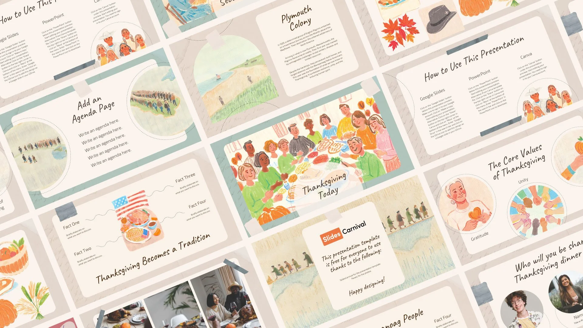 Grid mockup showcasing various pages including "Thanksgiving Becomes Tradition," "Plymouth Colony," "Thanksgiving Today," "Core Values of Thanksgiving," and an agenda page, all illustrated with a minimal elegant feel.