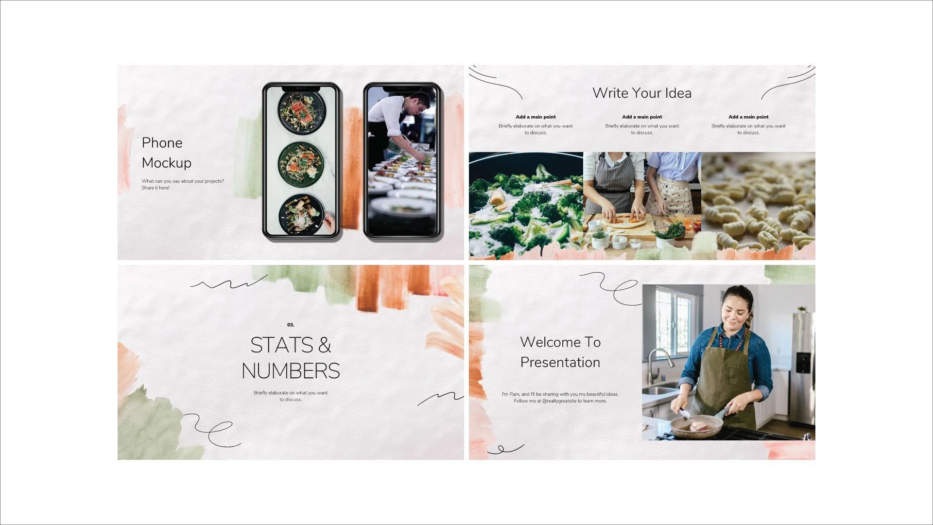 Minimalist Aesthetic Presentation mockup featuring Phone Mockup, Welcome Page, and Stats and Numbers sections, designed in pastel tones and watercolor textures by Quirk Design Studio