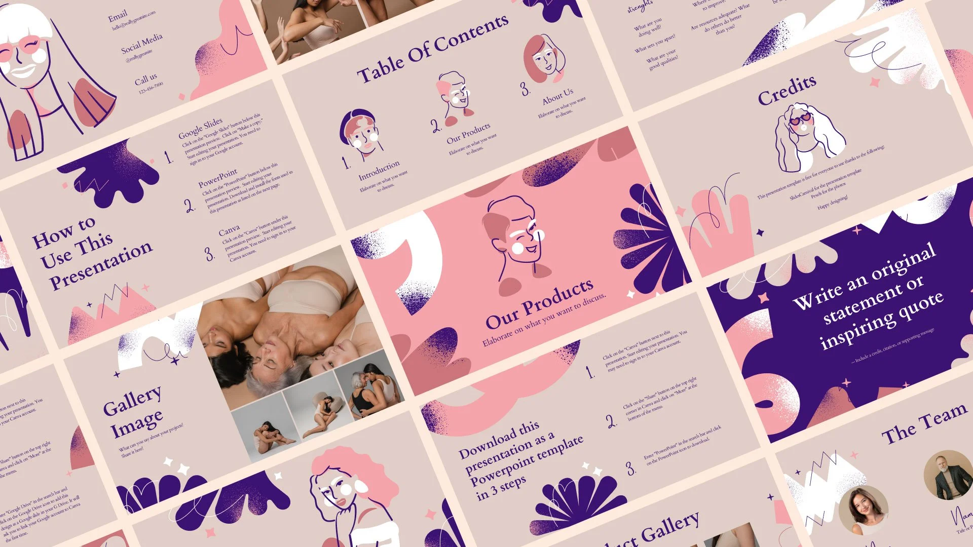 Mockup of the Memphis Marketing Plan presentation showing the table of contents, image gallery, credits, quote, and team pages, all in a colorful, artistic design with people illustrations by Quirk Studio for Canva.