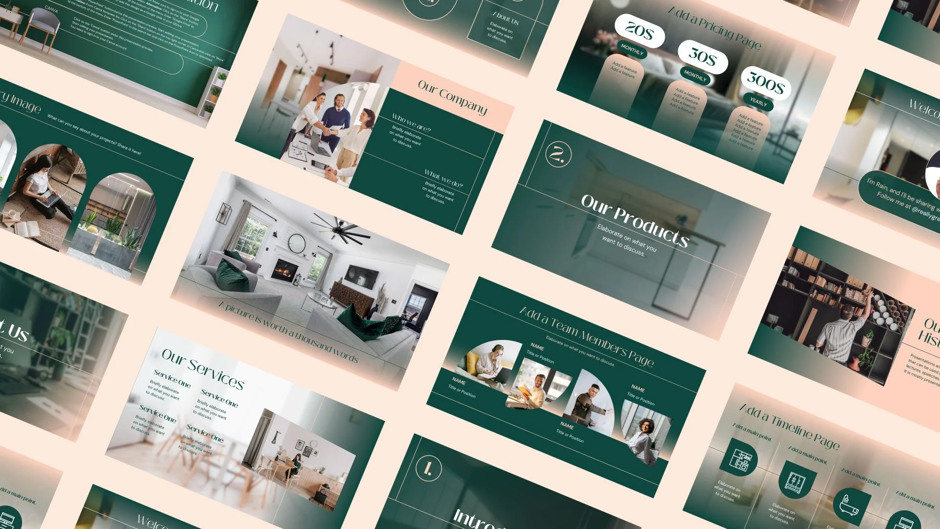 Grid mockup of the Modern Apartment for Sale presentation displaying the Pricing Page, Our Services Page, Our Products Page, and Team Page, designed with elegance and clarity