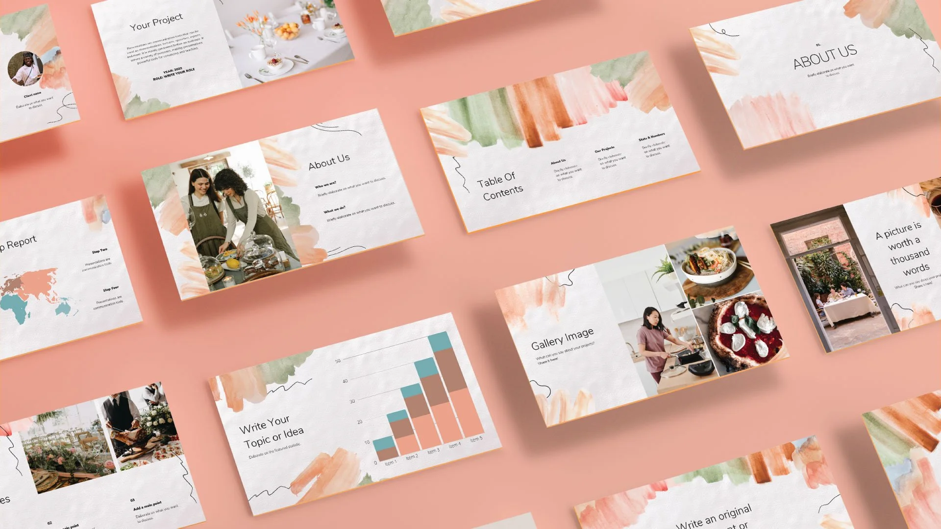 Minimalist Aesthetic Presentation mockup displaying About Us, Statistics, Gallery Image, and Table of Contents pages in a soft watercolor and pastel style by Quirk Design Studio