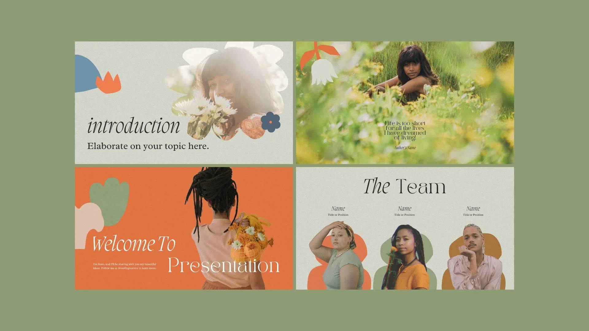 Mockup of the World Poetry Day presentation including the Welcome Page, Introduction Page, Team Page, and Quote Page, all featuring a refined pastel Matisse style, crafted by Quirk Studio