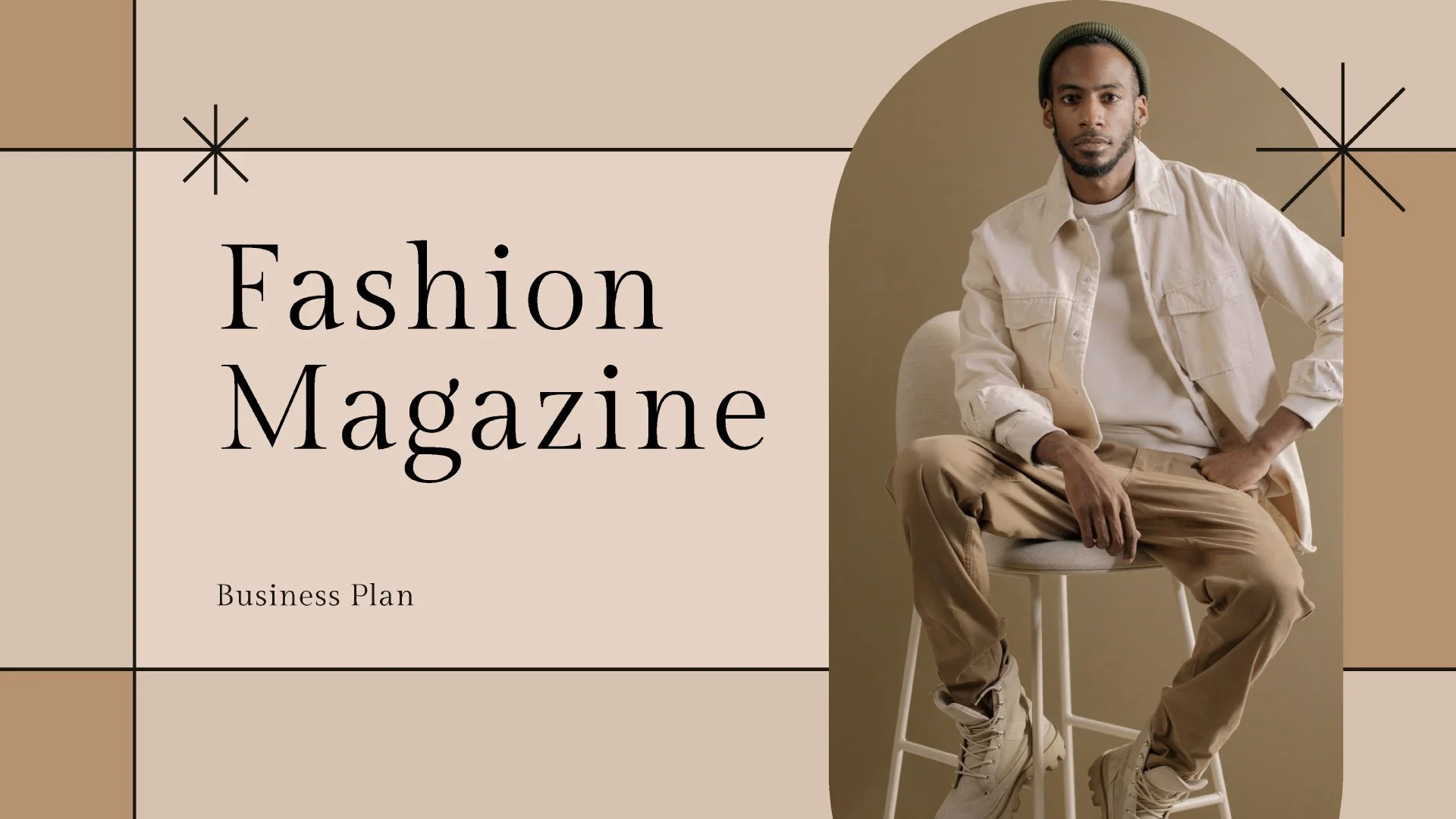 Cover page of Fashion Magazine Business Plan presentation with a geometric grid and minimal design, crafted by Quirk Design Studio