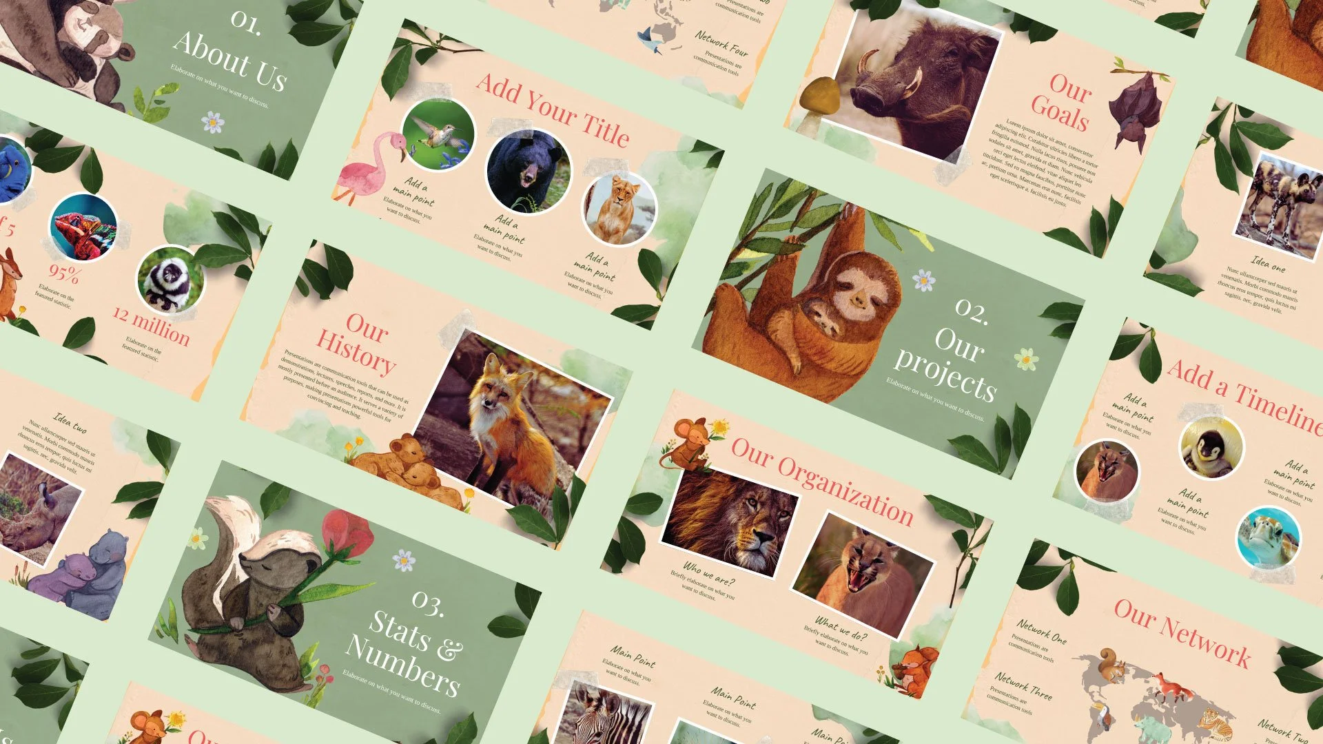 Grid mockup showcasing several pages from the Wild Life newsletter, including "About Us," "Our History," "Our Projects," "Our Network," "Timeline," "Our Goals," and "Stats and Numbers."