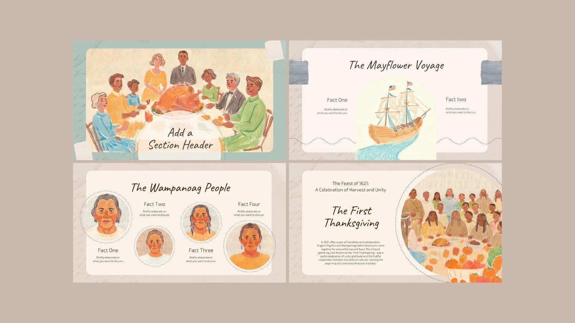 Mockup page displaying section headers for "The Mayflower Voyage," "The Wampanoag People," and "The First Thanksgiving," with pastel and colored pencil illustrations creating an engaging narrative.