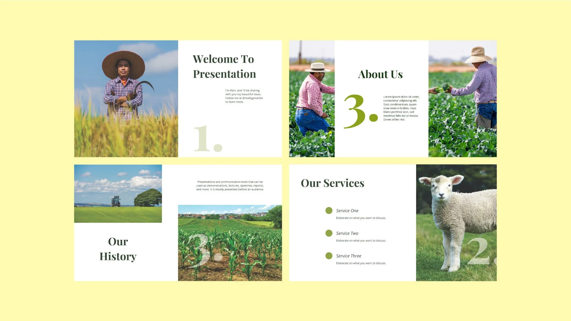Agribusiness Newsletter presentation mockup including Welcome, Our History, and Our Services pages, designed by Quirk Design Studio