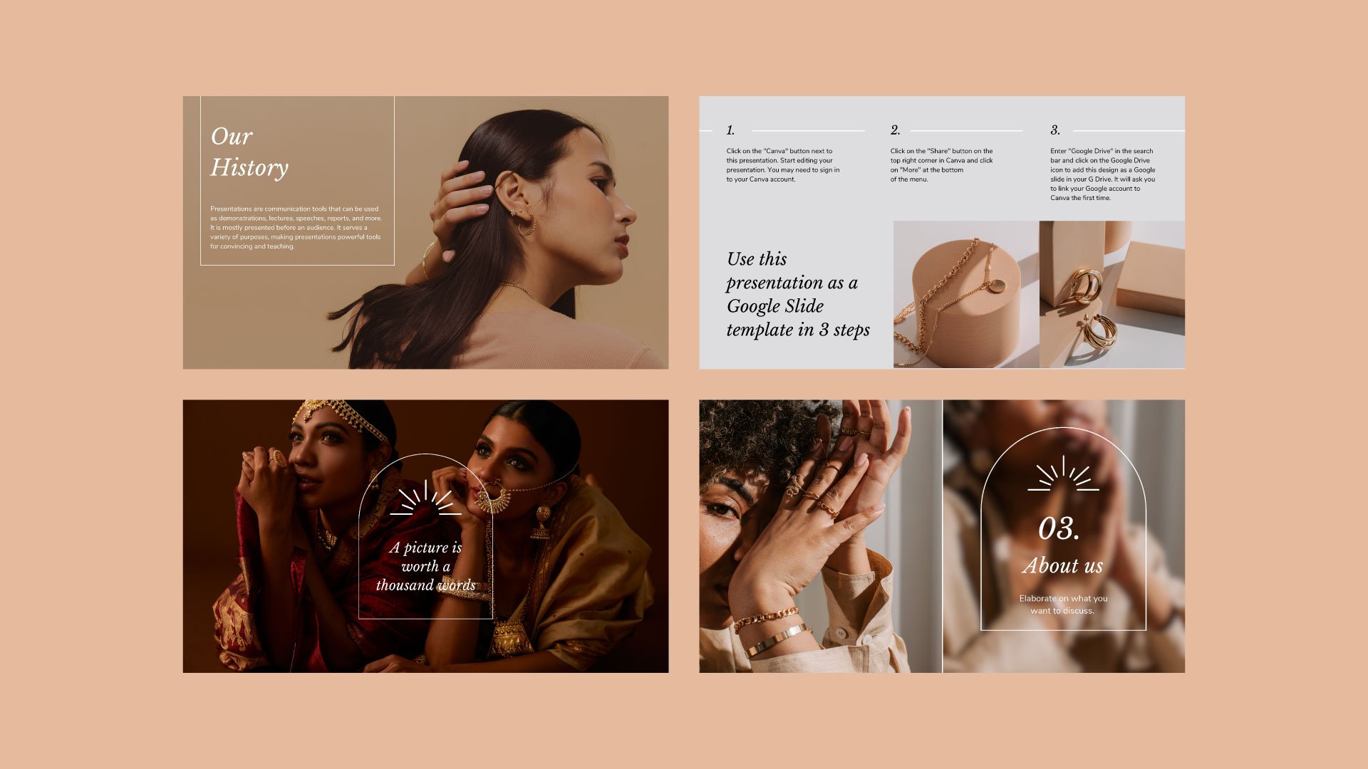 Mockup of the Jewelry Online Shop presentation featuring the Our History Page, Quote Page and About Us Page all presented in an elegant and photo-centric design