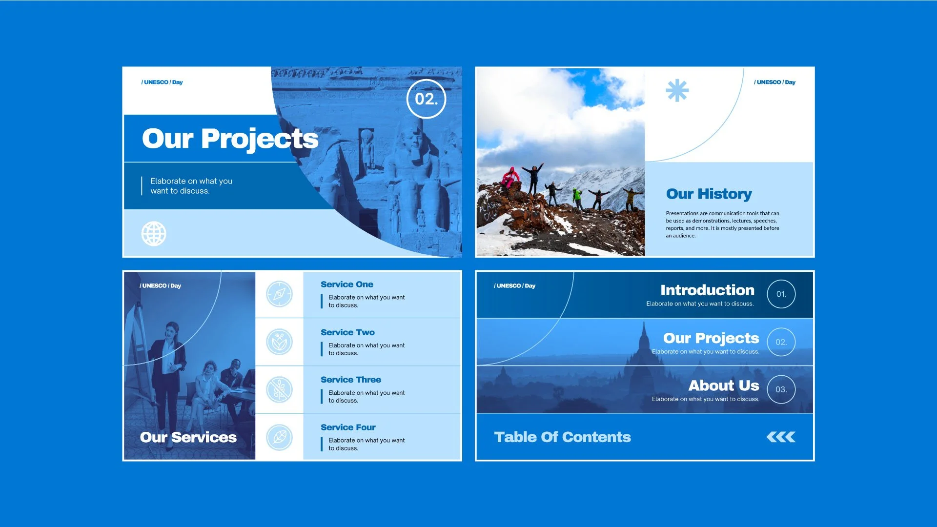 UNESCO Day presentation mockup including Our Project, Our Services, Table of Contents, Our History, and Contact Us sections, crafted by Quirk Design Studio