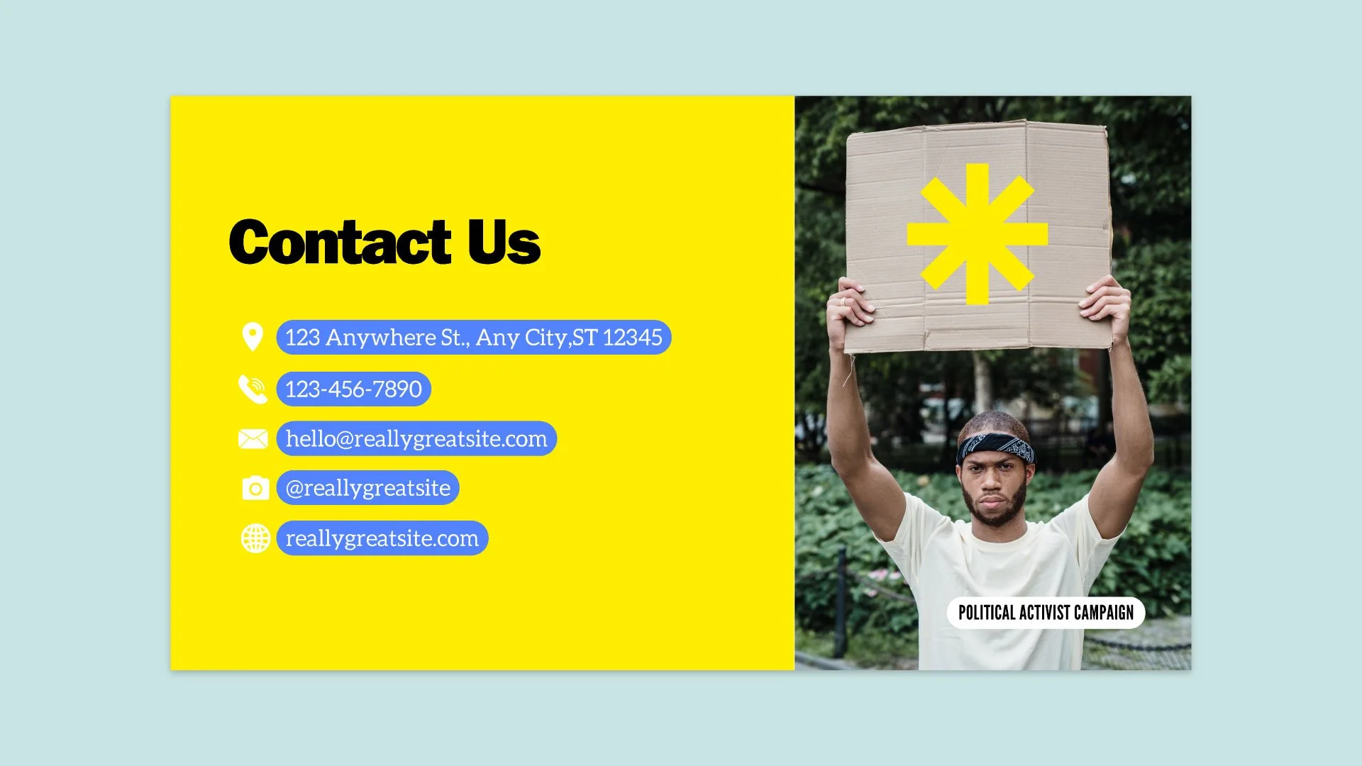 Contact Us page of Political Activist Campaign presentation, featuring a modern corporate design by Quirk Design Studio