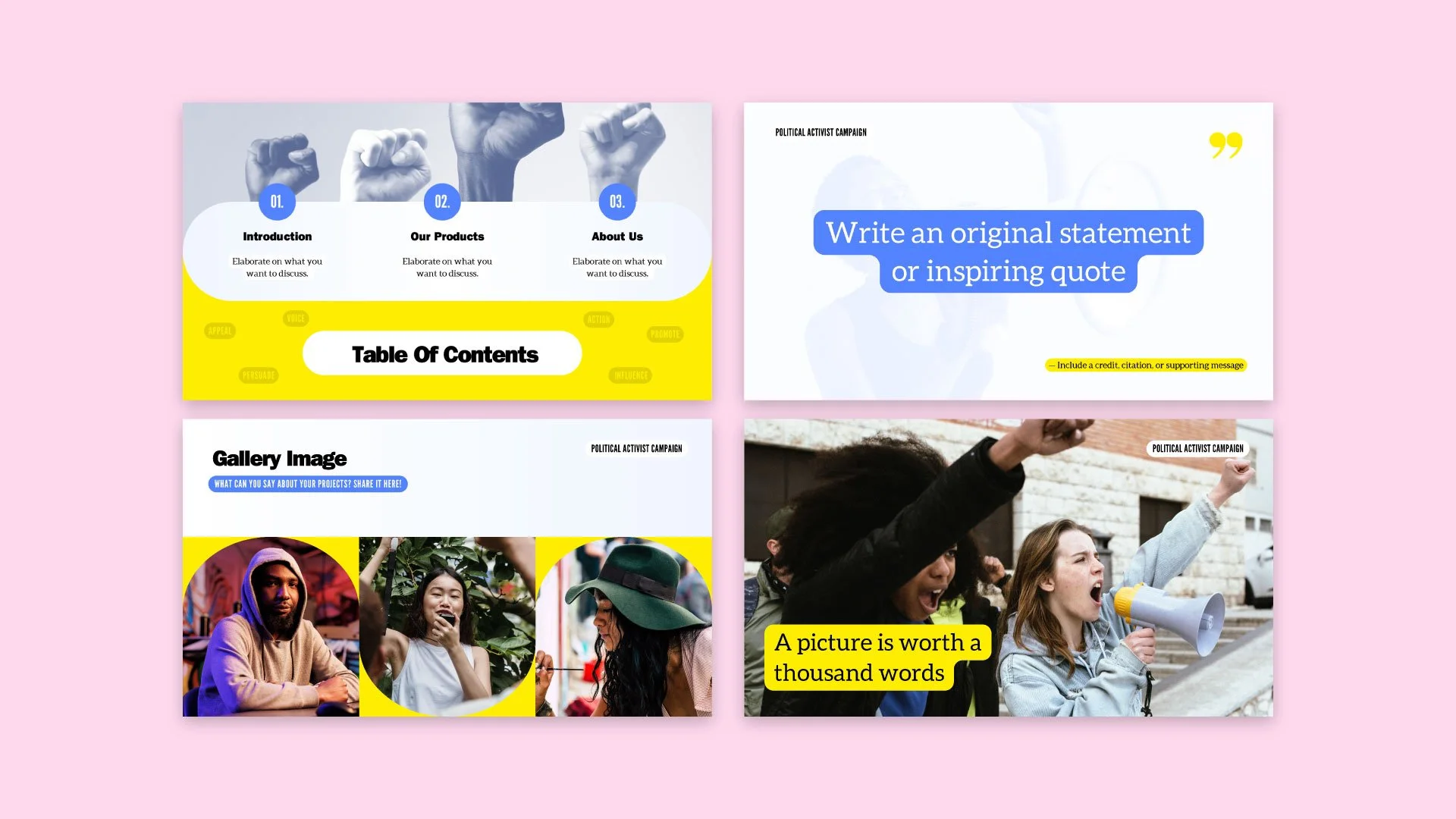 Political Activist Campaign presentation mockup including Table of Contents, Gallery, Quote, and Photo pages with a fun corporate style, designed by Quirk Design Studio