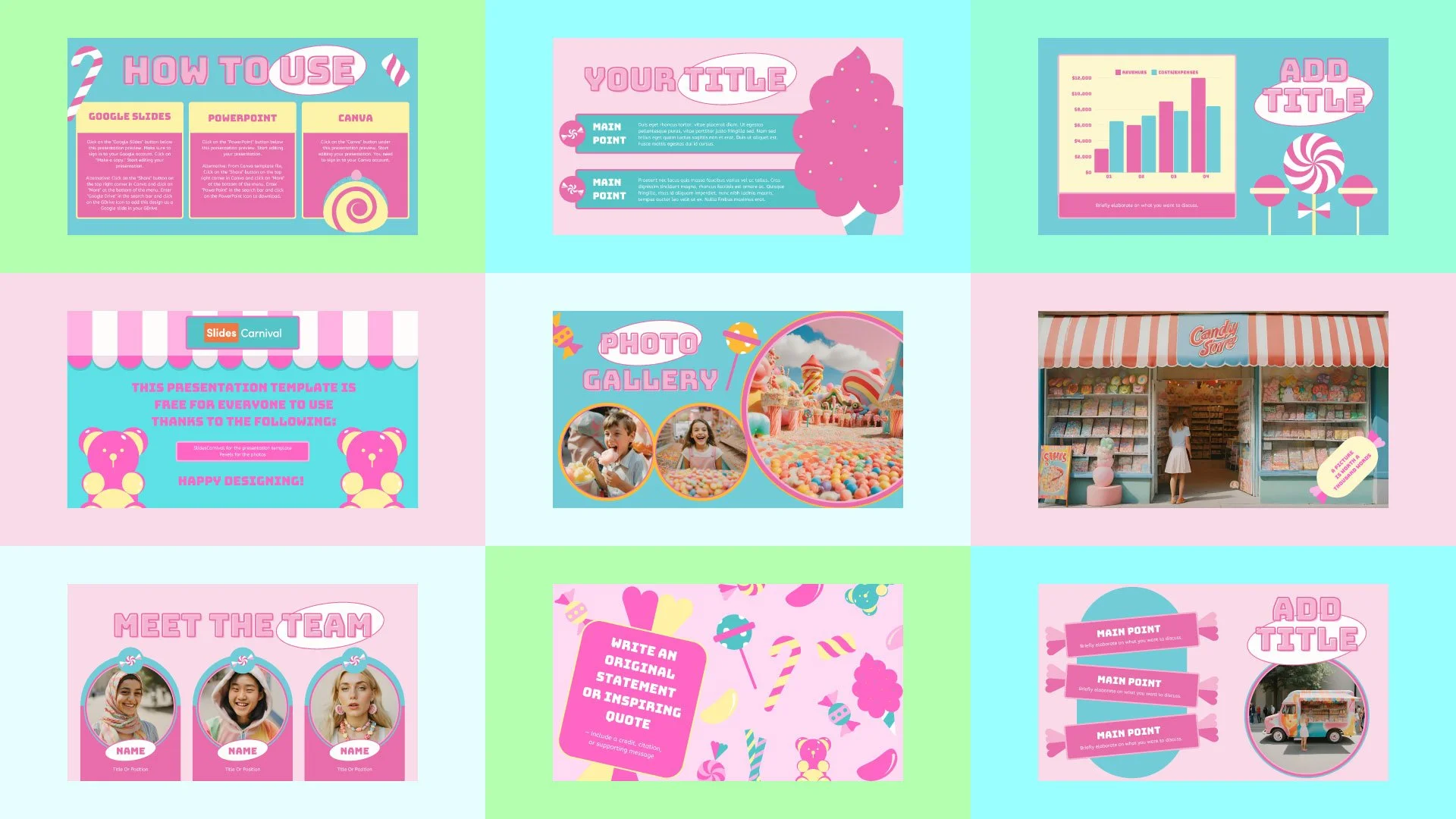 Mockup page showcasing a photo gallery, statistics page, "Meet the Team" candy store page, and "Candy Truck" page, all designed with whimsical candy-inspired illustrations.