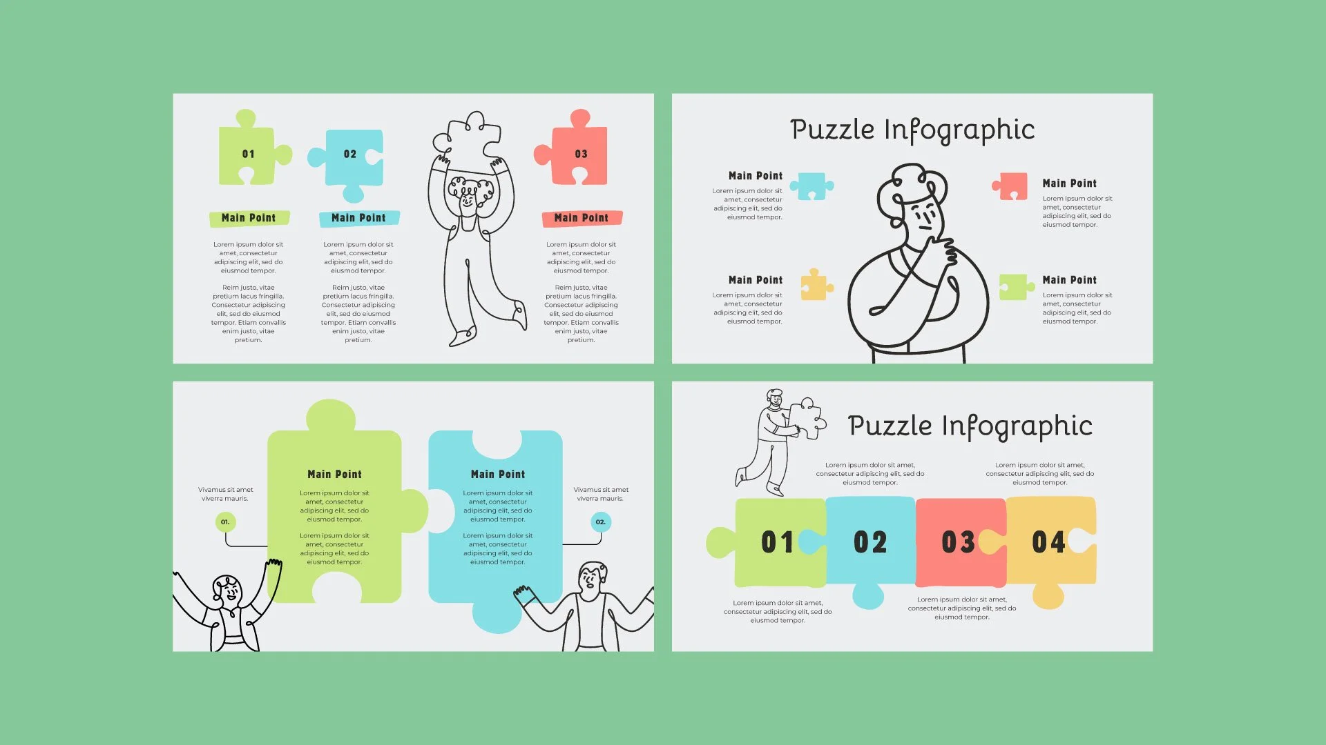 Mockup of the Puzzle Timeline Infographic presentation with various pages displaying vibrant, puzzle-style infographics.