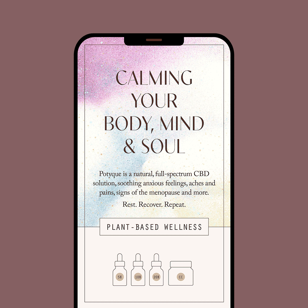 Smartphone screen displaying a wellness product advertisement Potyque with text about CBD for calming the body, mind, and soul, and illustrations of CBD oil bottles with percentages and a container labeled 'cc'.
