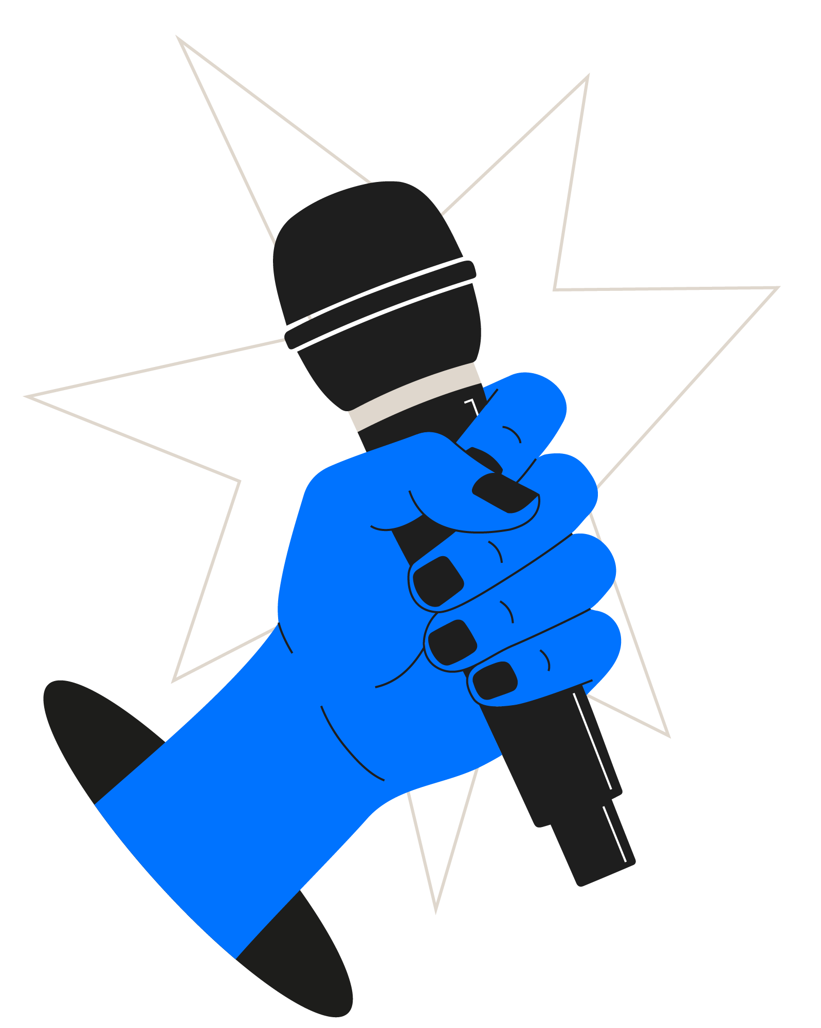 Illustration of a blue hand holding a black microphone, with a star background on a black background.