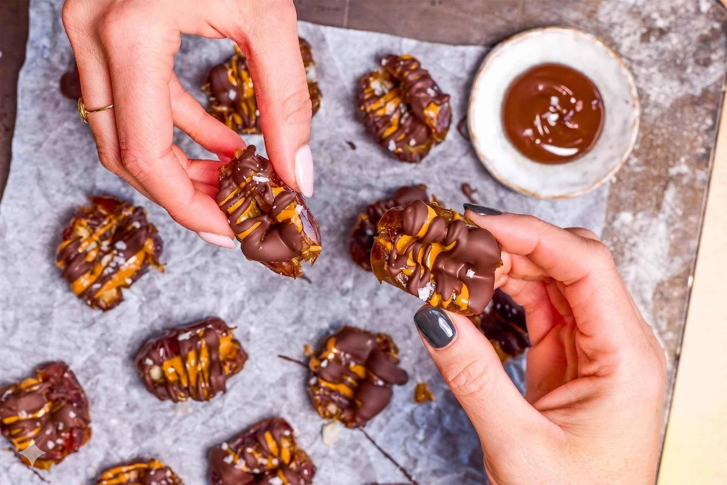 Person holding a date drizzled in chocolate, on a tray with more treats and a small dish of chocolate in the background.