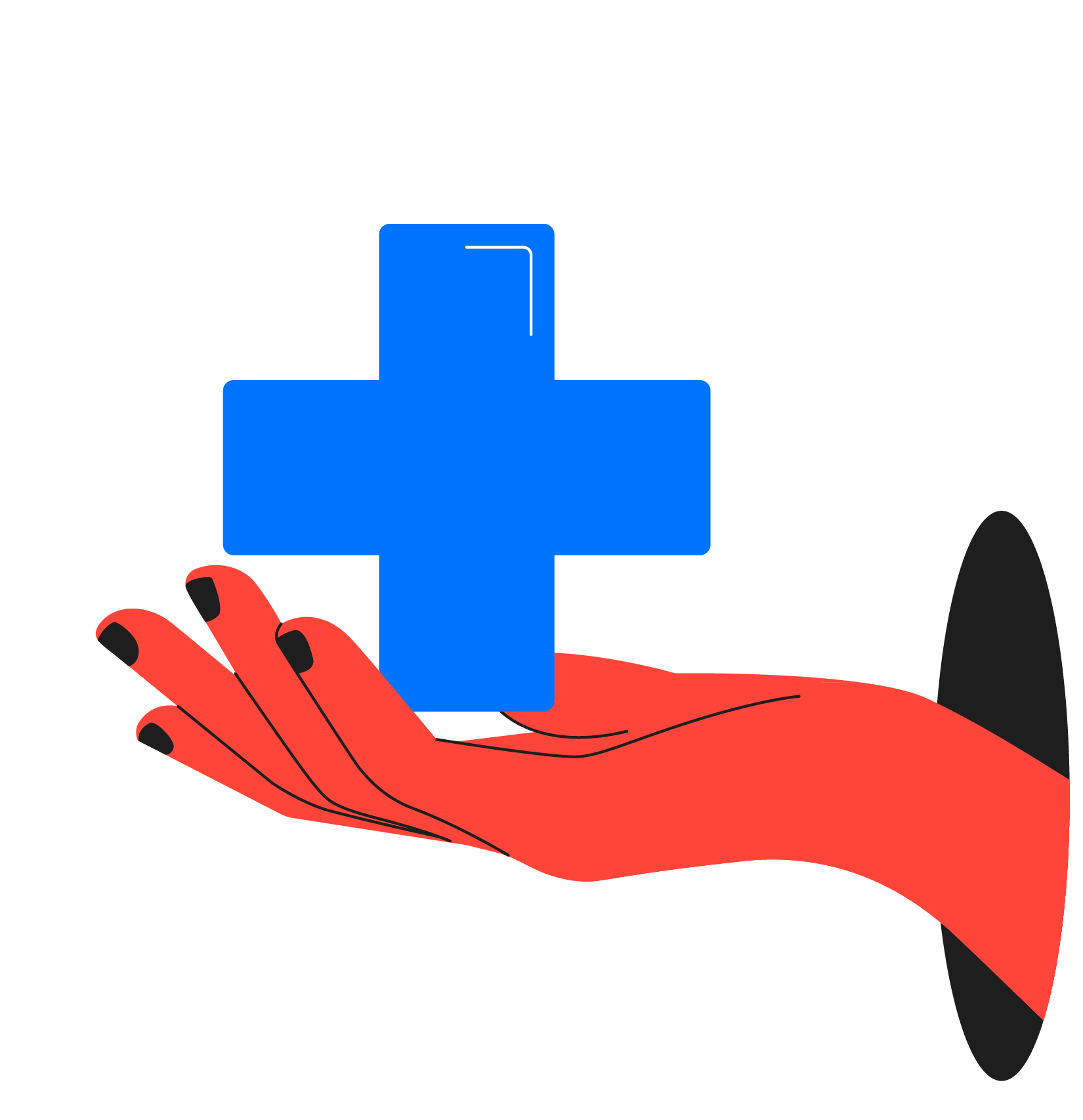 A red hand with black painted nails holds a blue medical cross, with white star outline in the background.