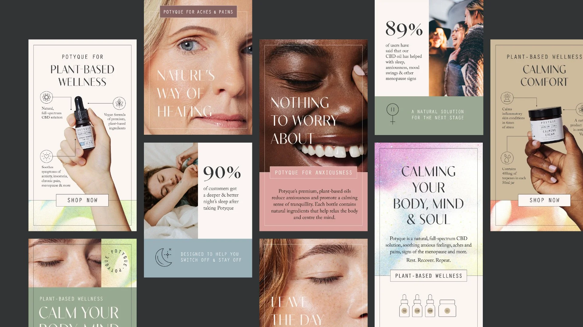A collage of wellness product advertisements featuring CBD oils and creams, along with images of women with closed eyes and smiling faces, emphasizing calm, healing, and relaxation.