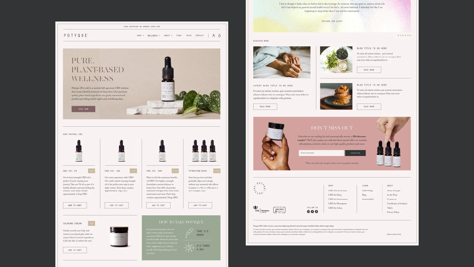Screenshots of a website featuring CBD products, mainly drops and creams, with section titles, product descriptions, and shopping options on a light-colored background.