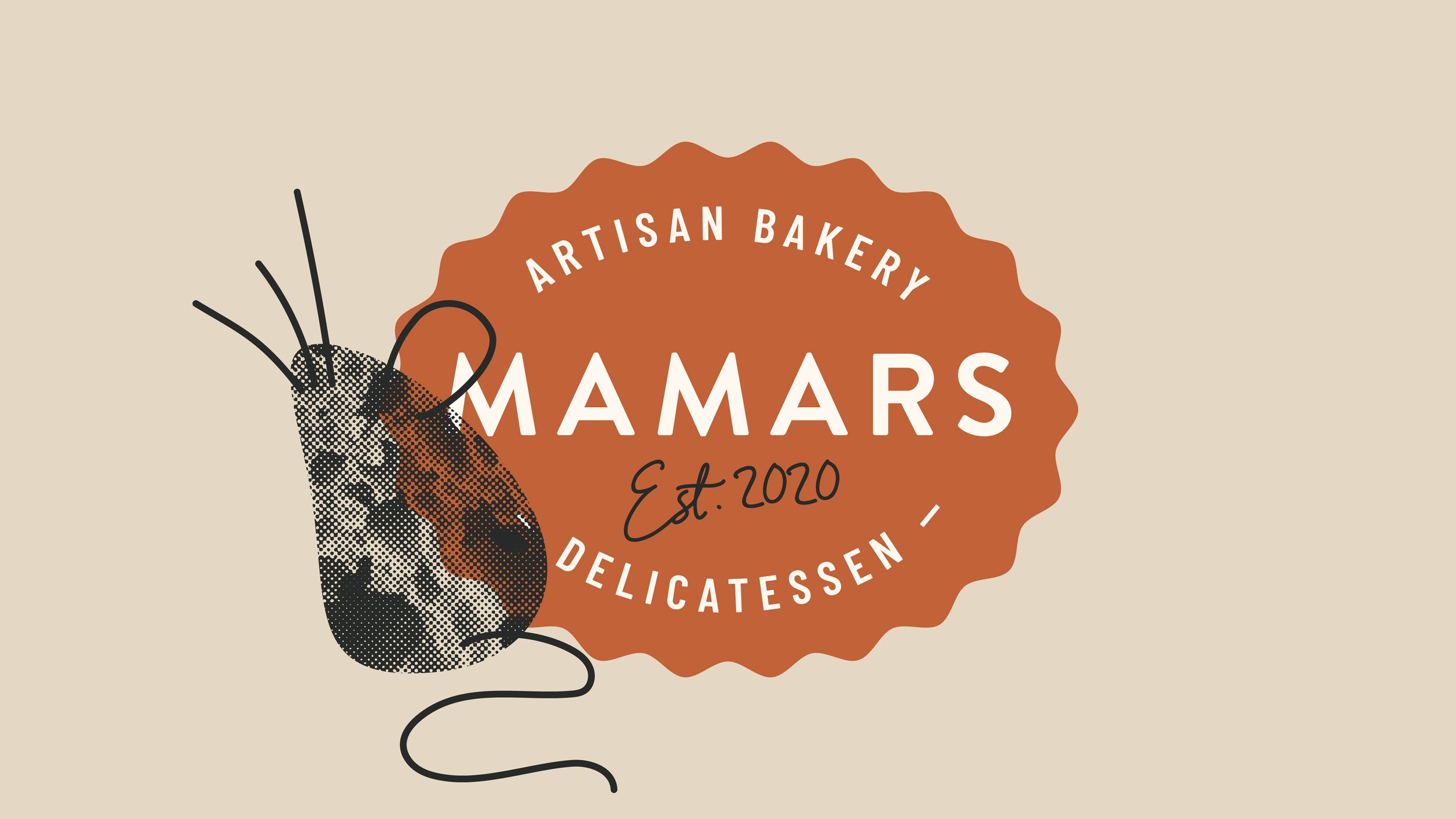 A logo for Mamars, an artisan bakery established in 2020, featuring a stylized orange badge with the text "Artisan Bakery Mamars Est. 2020" and a black and white illustrated mouse.